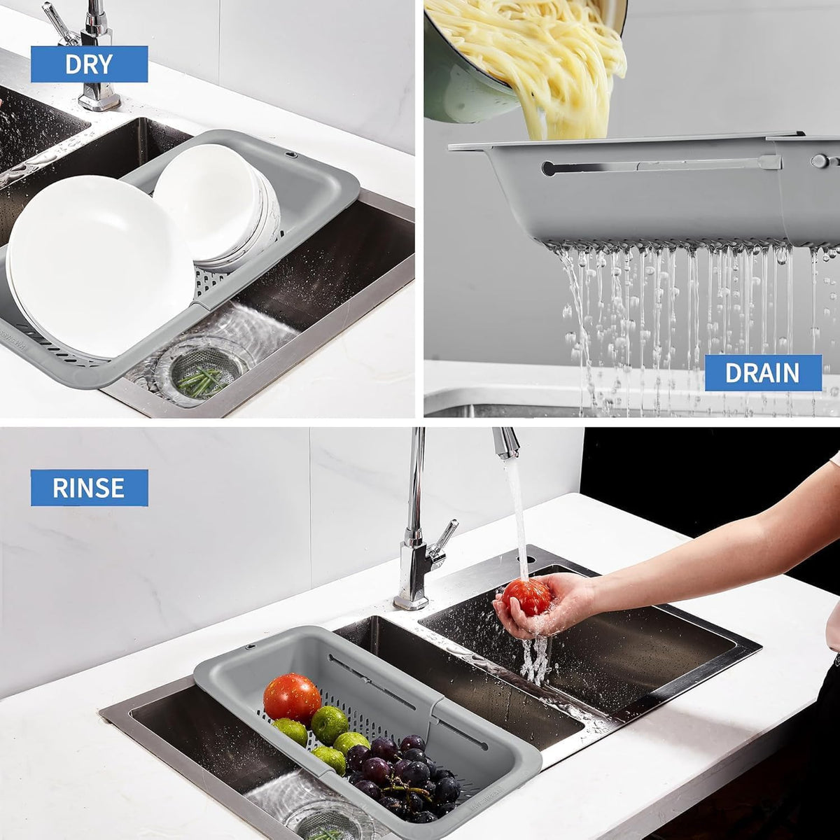LASSHSWA Collapsible Colander and Strainer for Kitchen, Over the Sink Strainer Basket for Kitchen
