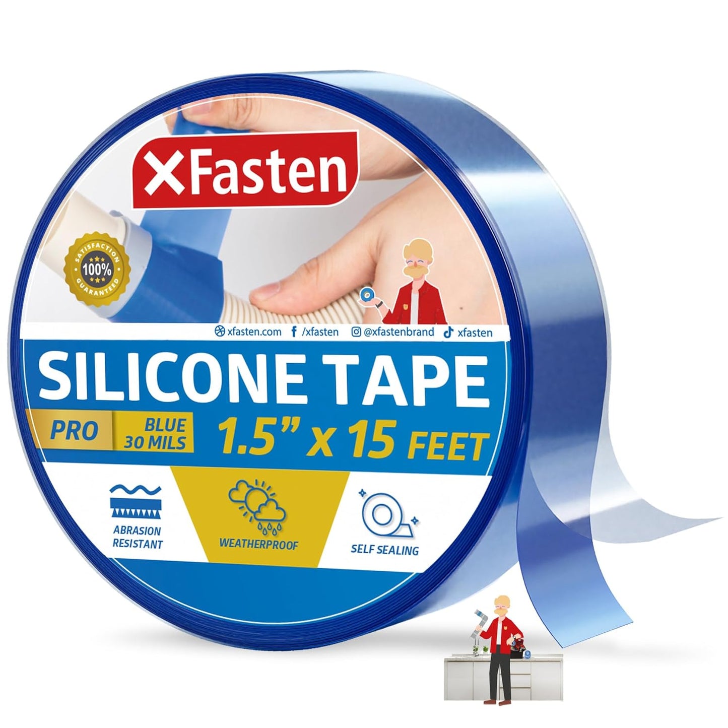 XFasten Self-fusing Silicone Tape Pro, Blue, 1.5-Inch x 15-Feet, 30 mils Extreme Silicone Pipe Fix