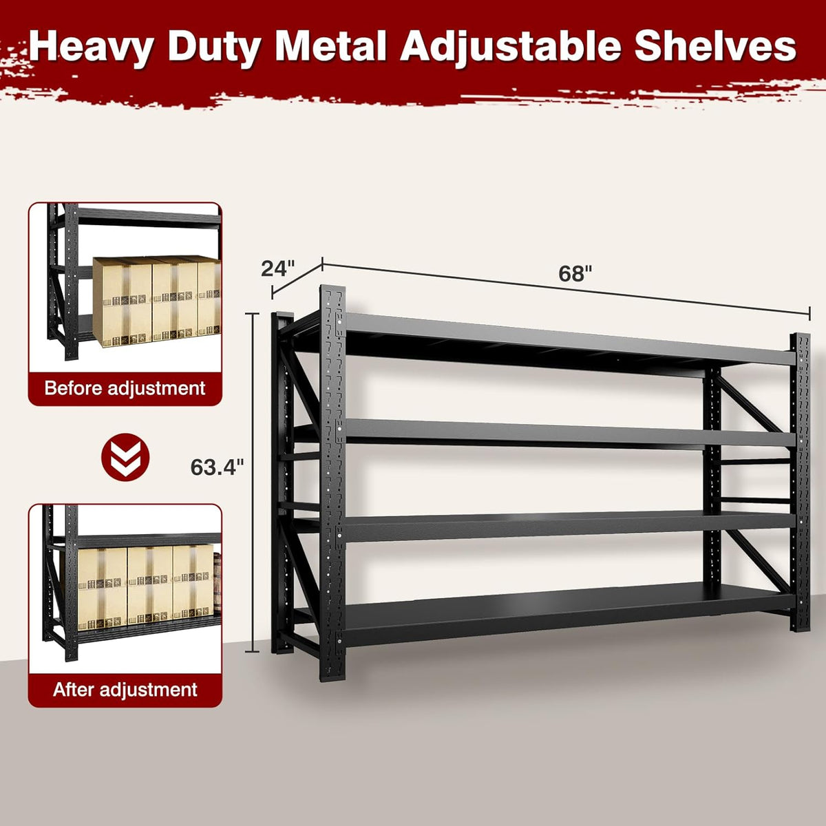 8000LBS Metal Steel Storage Shelves - 68" W Black 4 Tier Heavy Duty Rack Commercial Industrial
