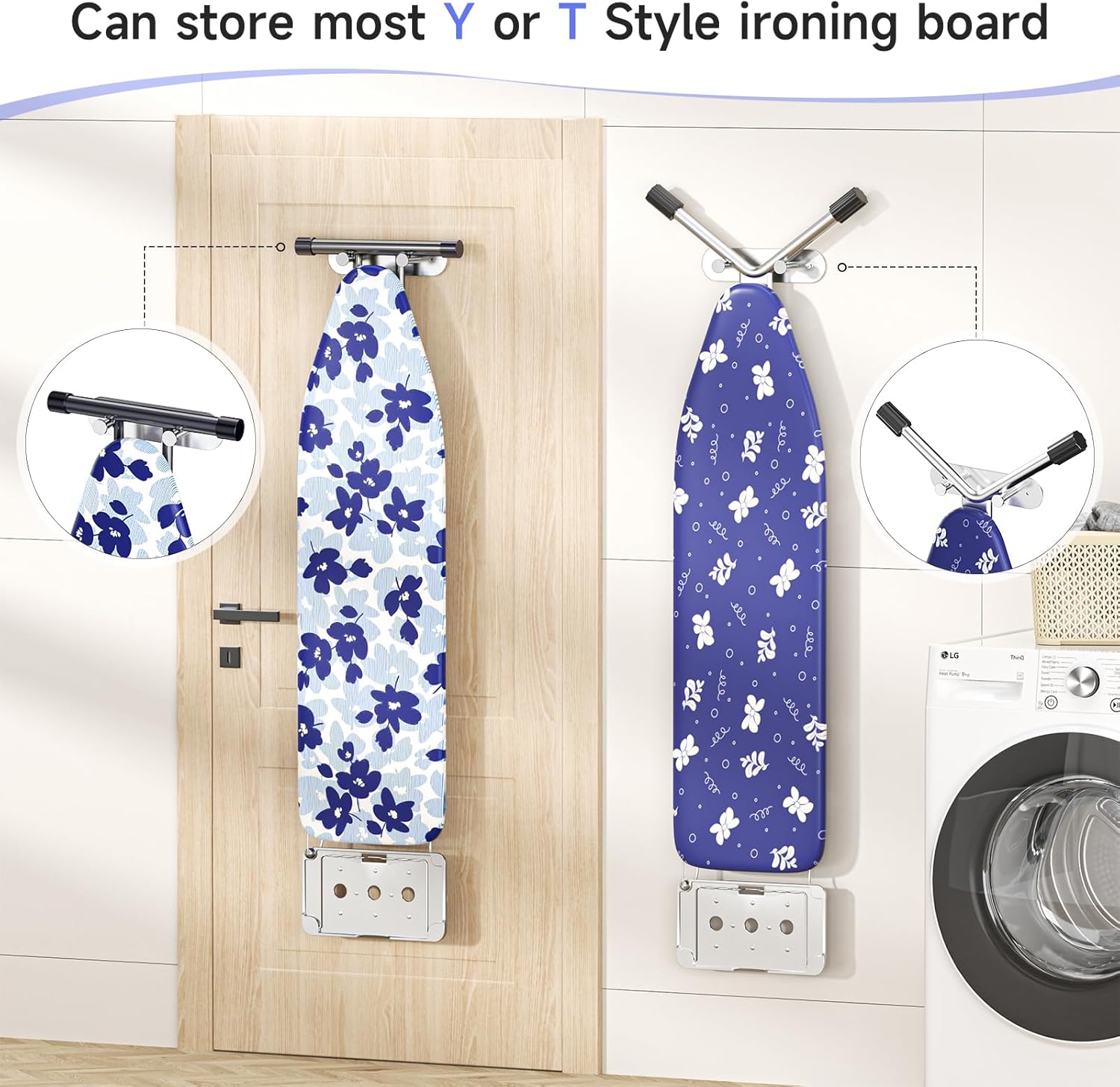 Ironing Board Holder Wall Mount,Ironing Board Hanger with Removable Hooks, Laundry Rooms Stainless