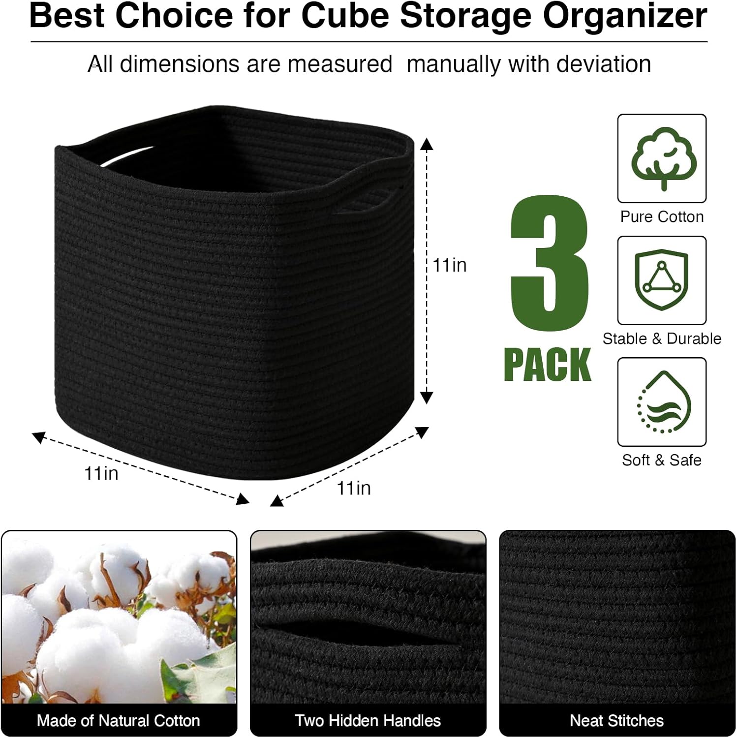 11 Inch Cube Storage Bins, Storage Cube Organizer Bins, Woven Cotton Rope Basket for Storage