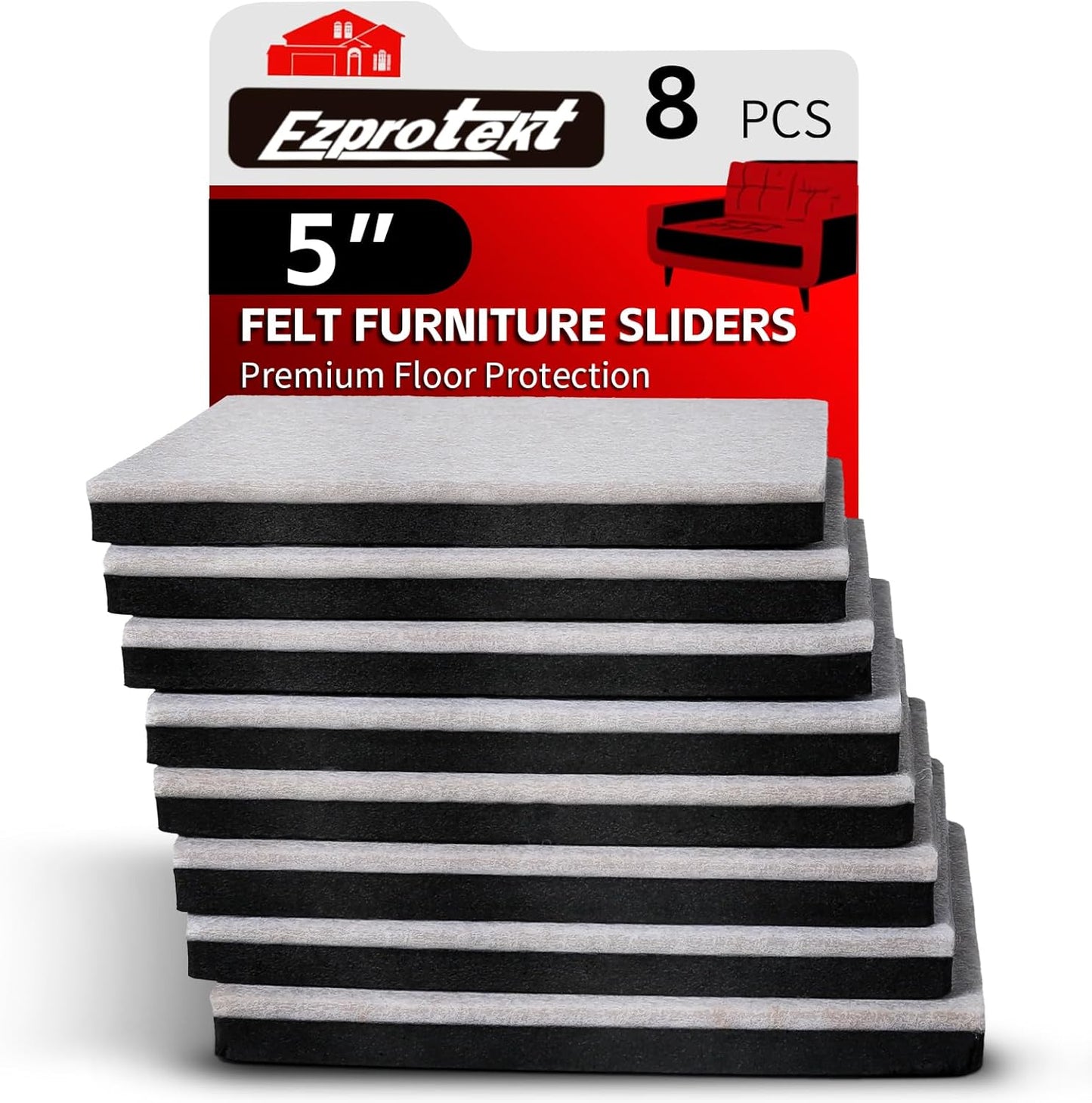 Ezprotekt 5" Square Felt Furniture Movers Sliders for Hardwood Floors, 8 Pcs Reusable Felt