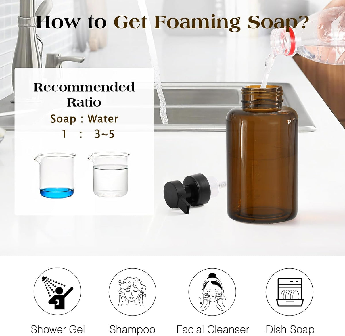 Luxspire Foaming Soap Dispenser, Glass Foam Pump Soap Dispenser, Non-Slip Hand Soap Bottle with 5