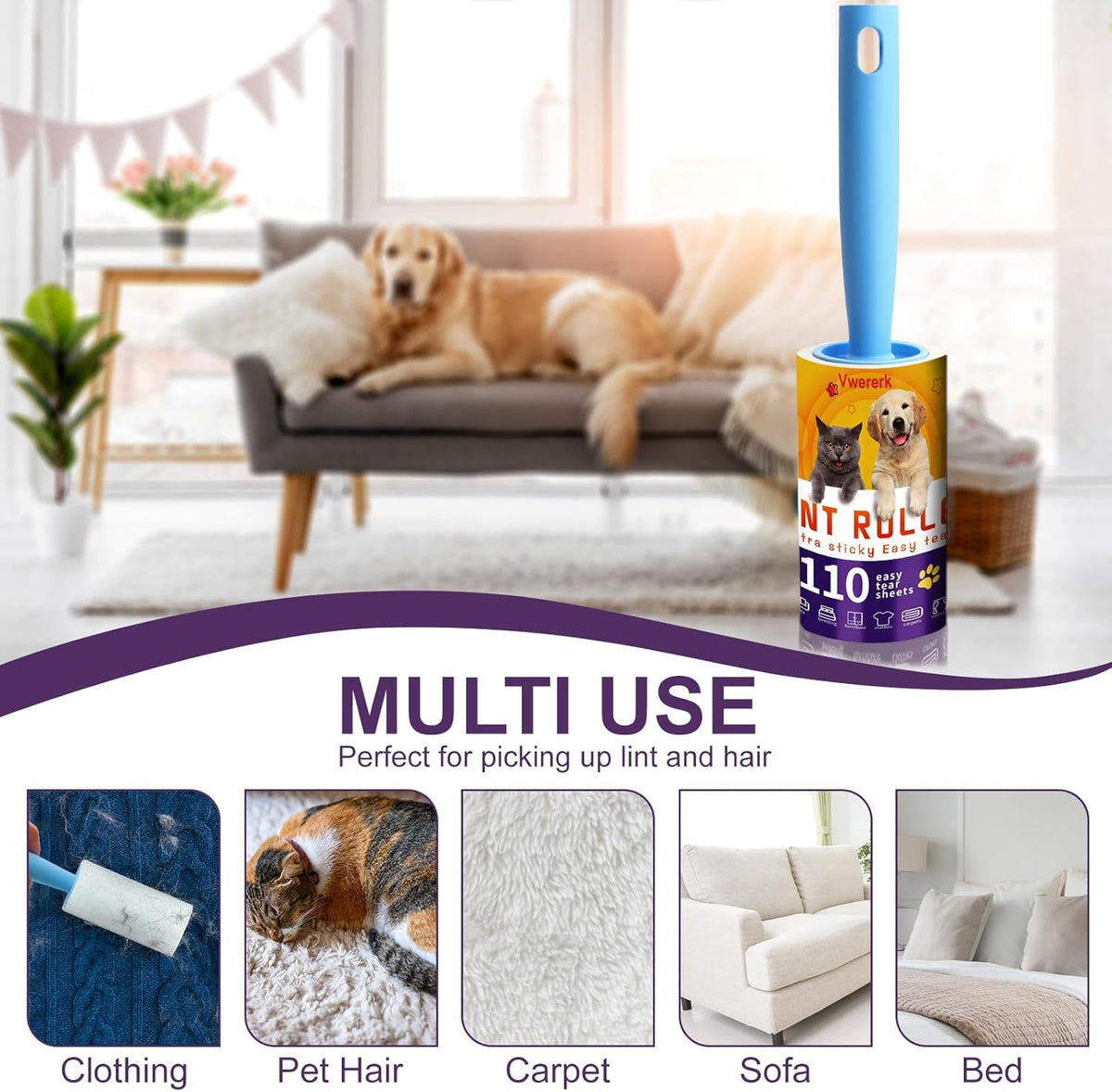 Lint Rollers for Pet Hair Extra Sticky, 440 Sheets/4 Lint Roller Refills with 2 Durable Handles