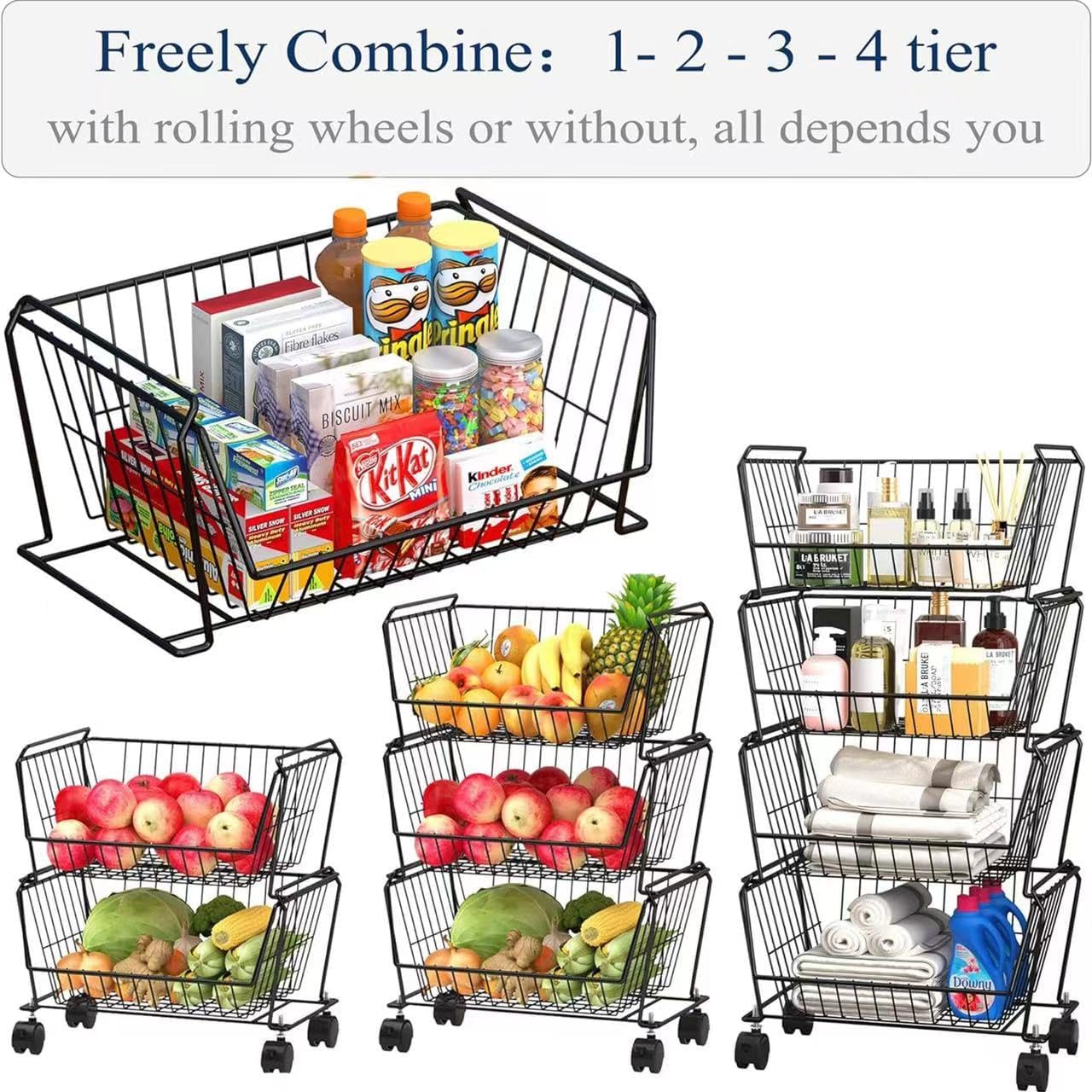 PUSDON Stackable Metal Storage Carts, Dual Use Shelf for Kitchen Fruit Vegetable Baskets with
