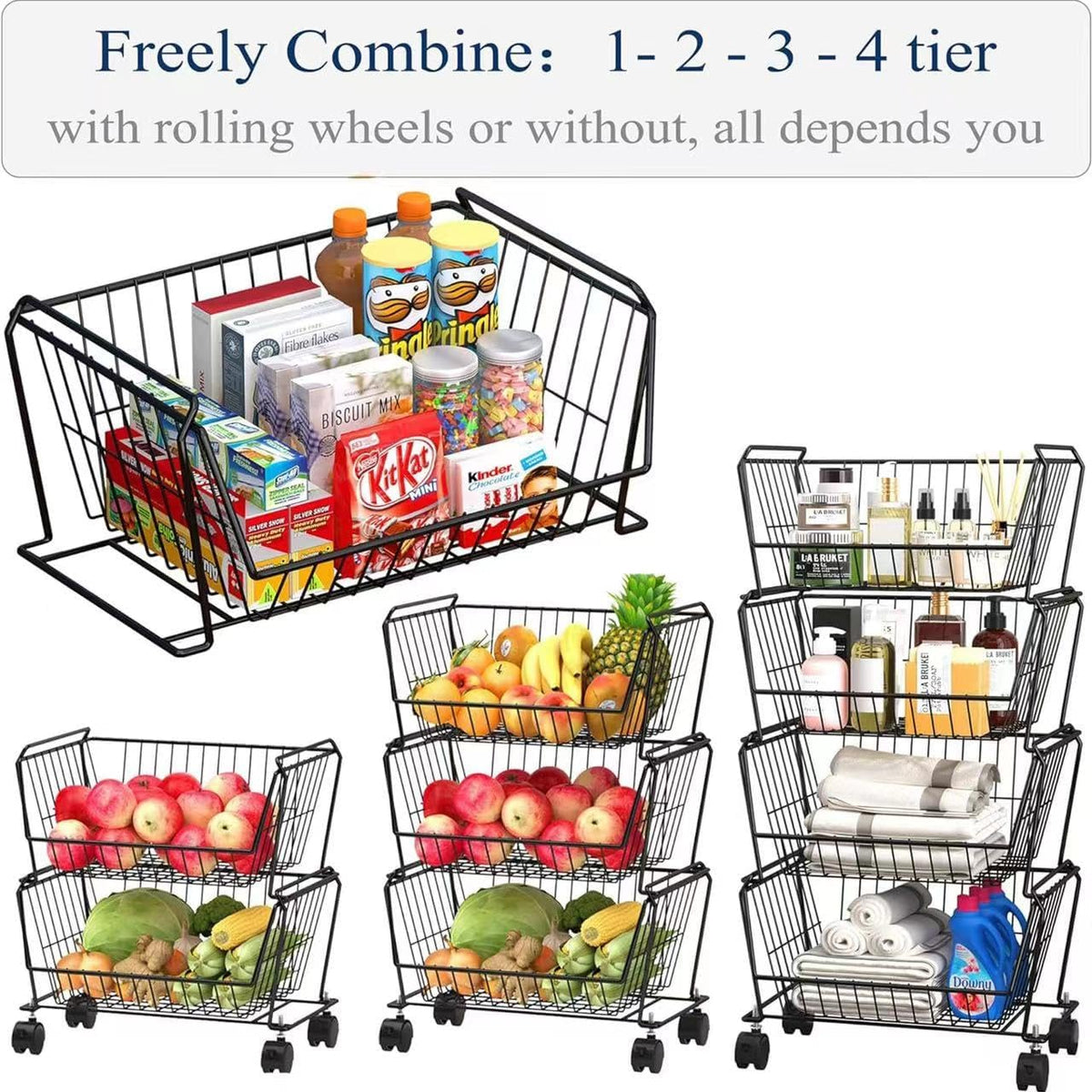 PUSDON Stackable Metal Storage Carts, Dual Use Shelf for Kitchen Fruit Vegetable Baskets with