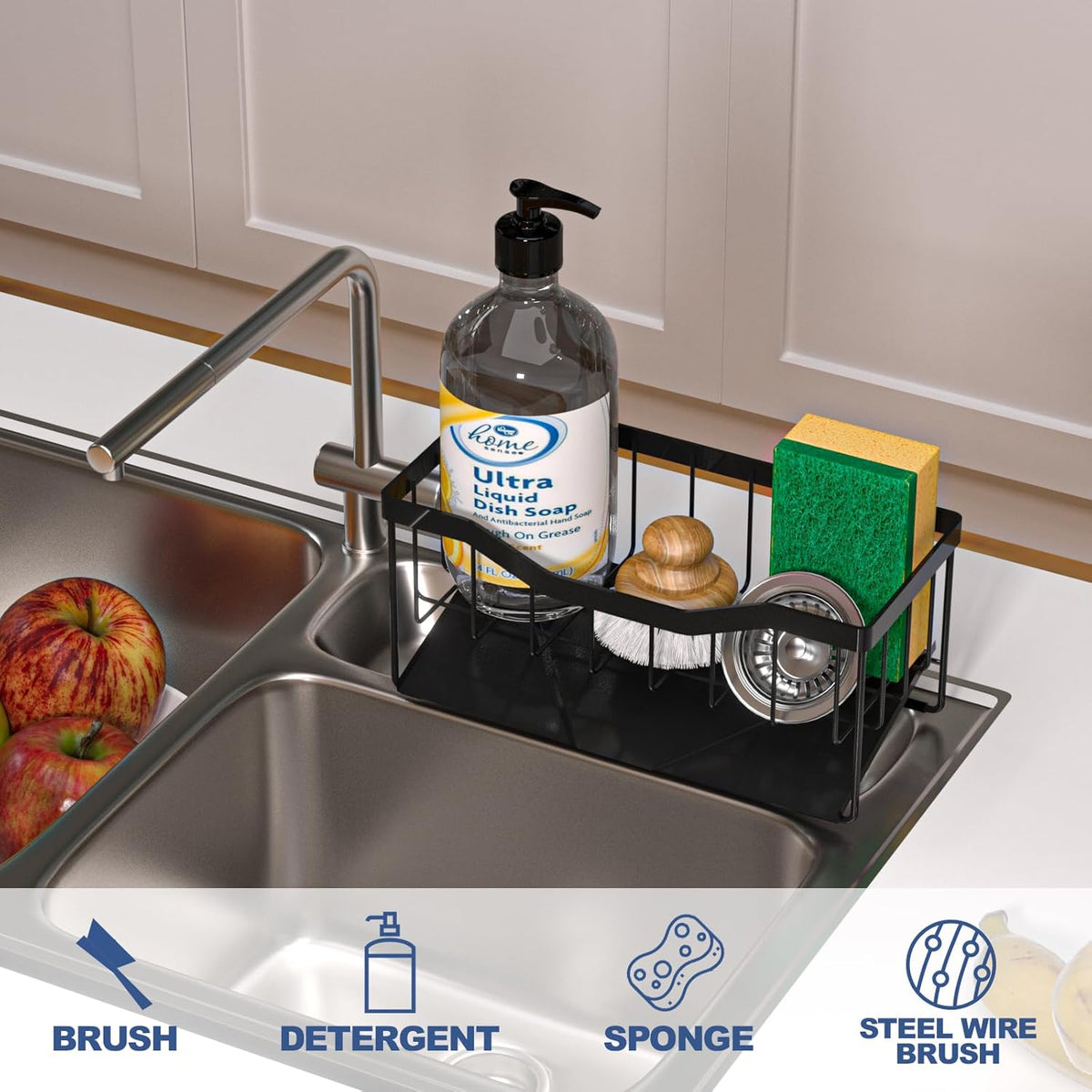 Vanwood Sponge Holder for Kitchen Sink with Auto Draining Tray, Sink Caddy Kitchen Sink Cocina