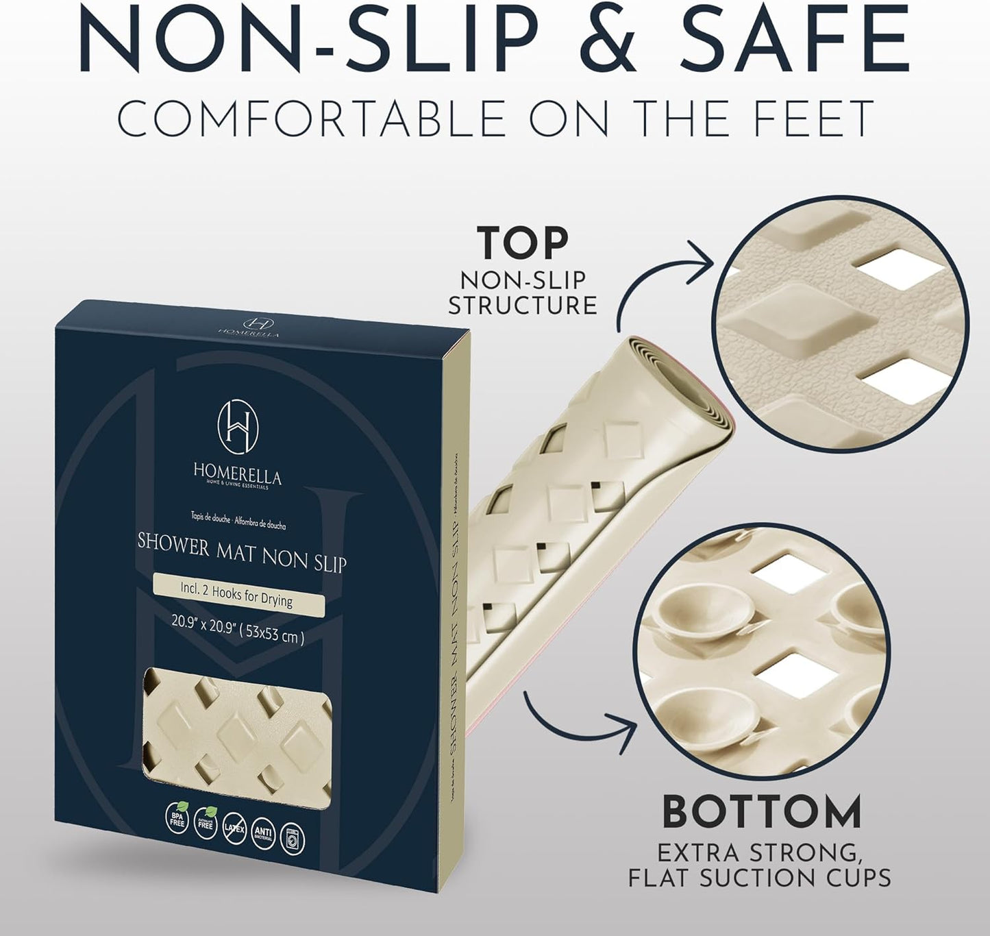 Homerella Anti Slip Shower Mat | Anti Mold Non Slip Bathtub Mat for Inside Shower | Square Floor