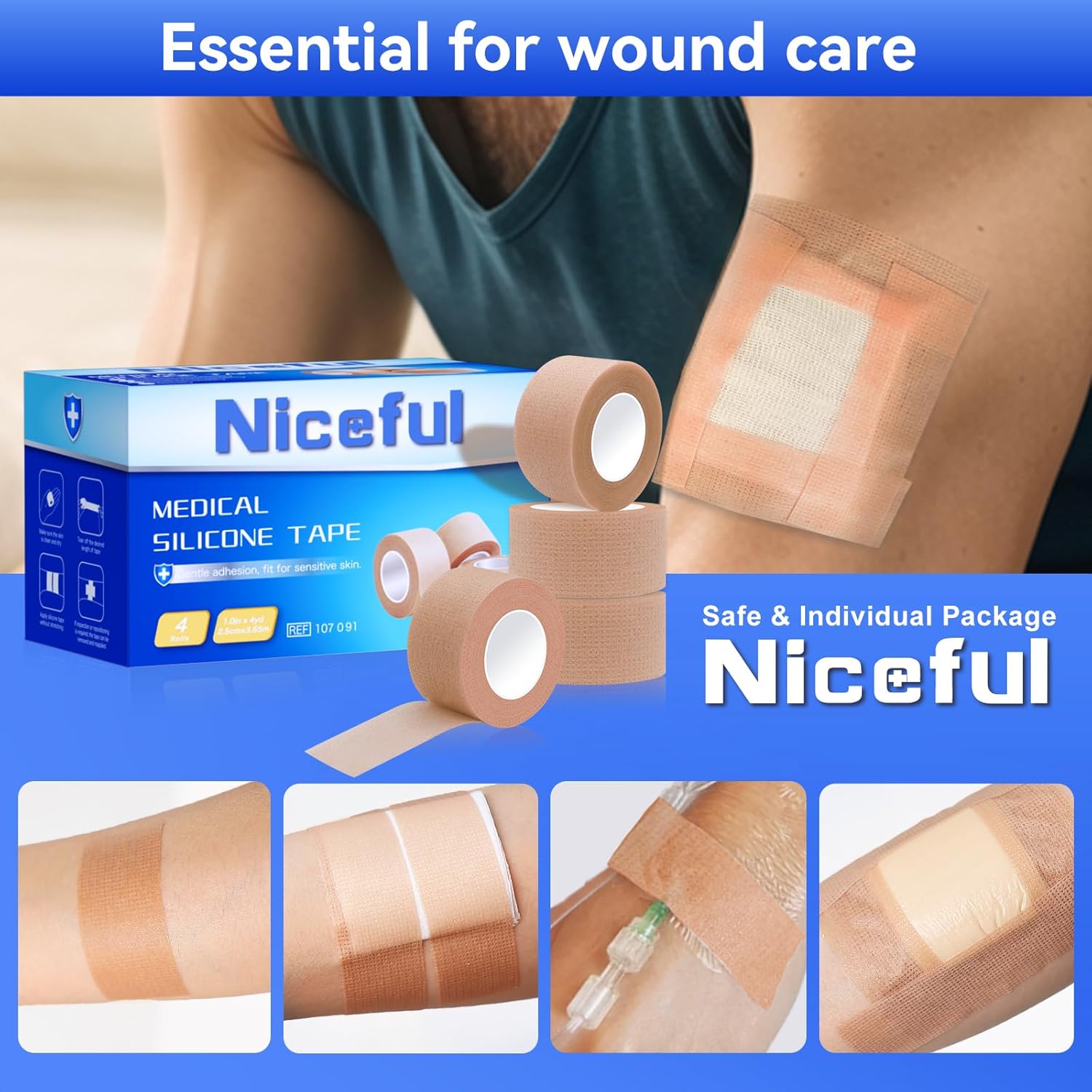 4 Rolls Medical Tape 1" x 4 Yard - Silicone Tape for Wound Care, Secures Dressings and Gauze, Easy