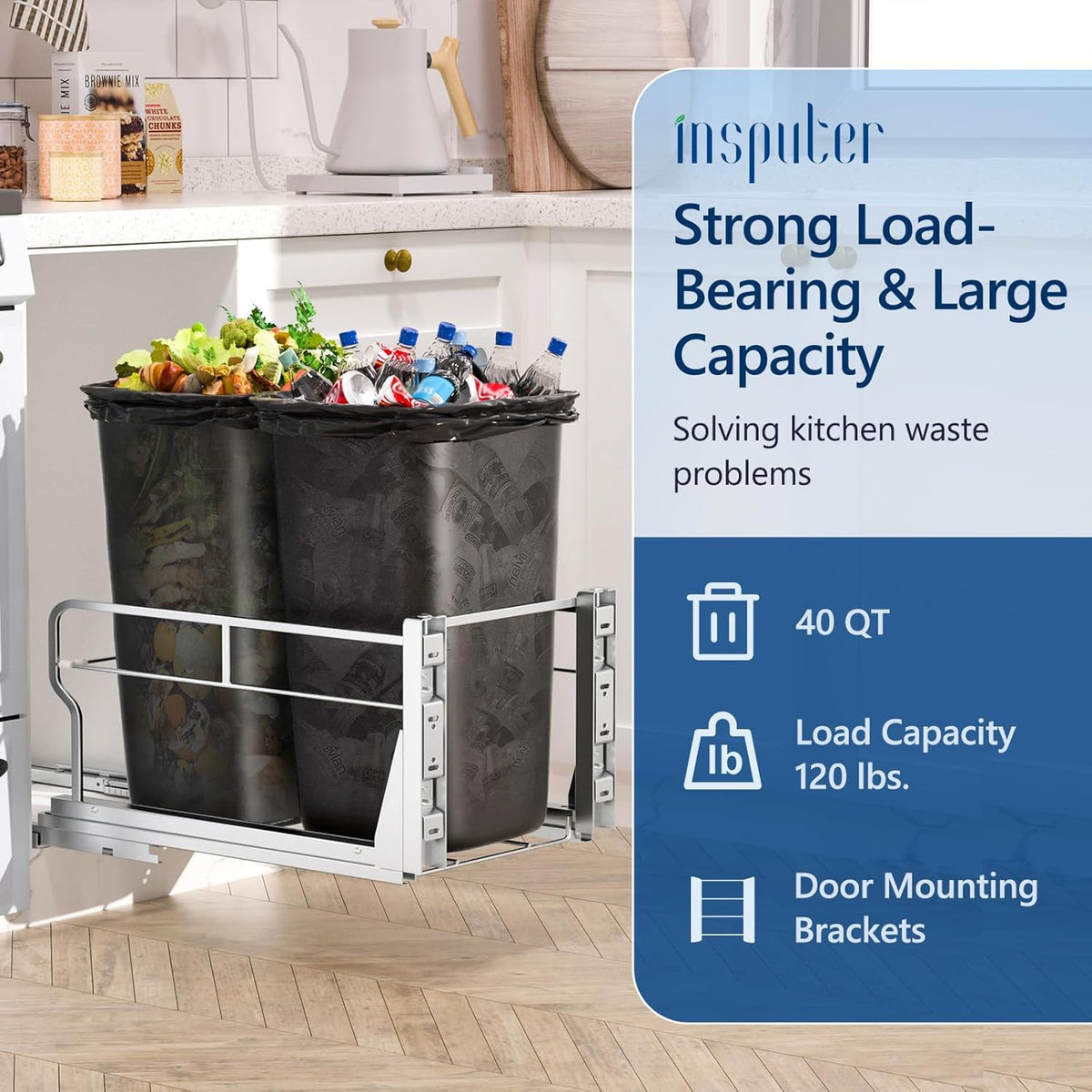 Insputer Dual Pull Out Trash Can Under Cabinet with Soft-Close Slides, Heavy Duty Under Sink Trash
