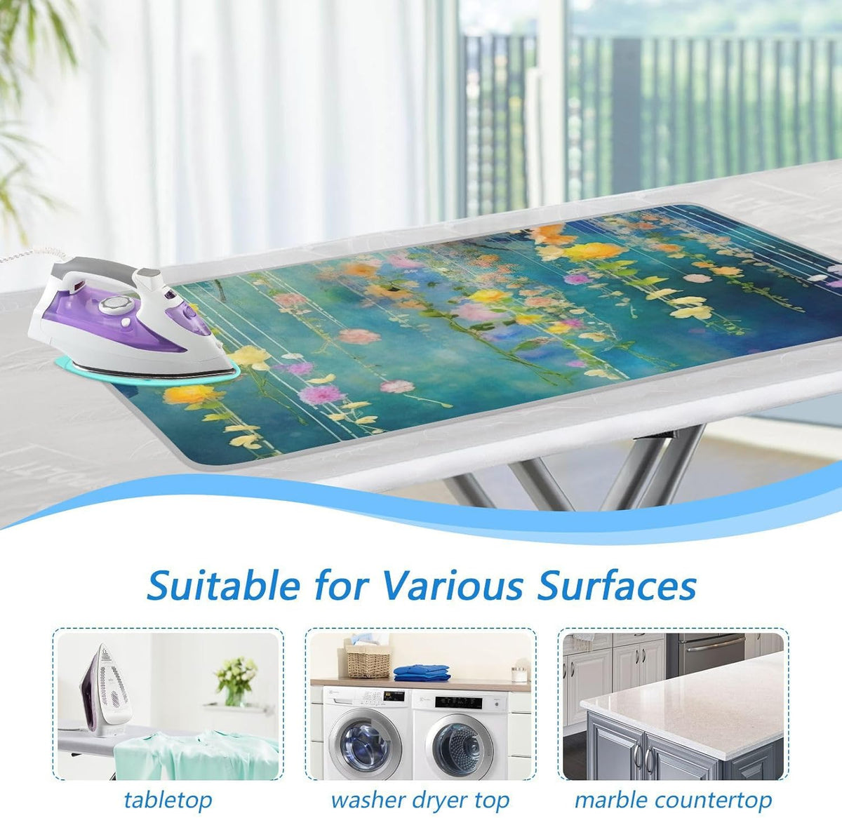 Kigai Watercolor Fowers Ironing Blanket Thick Portable Ironing Pad Travel Ironing Mat with Silicone