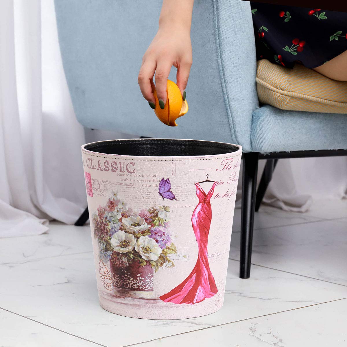 PU Leather Small Trash Can Wastebasket, Round Garbage Container Basket for Bathrooms, Laundry Room