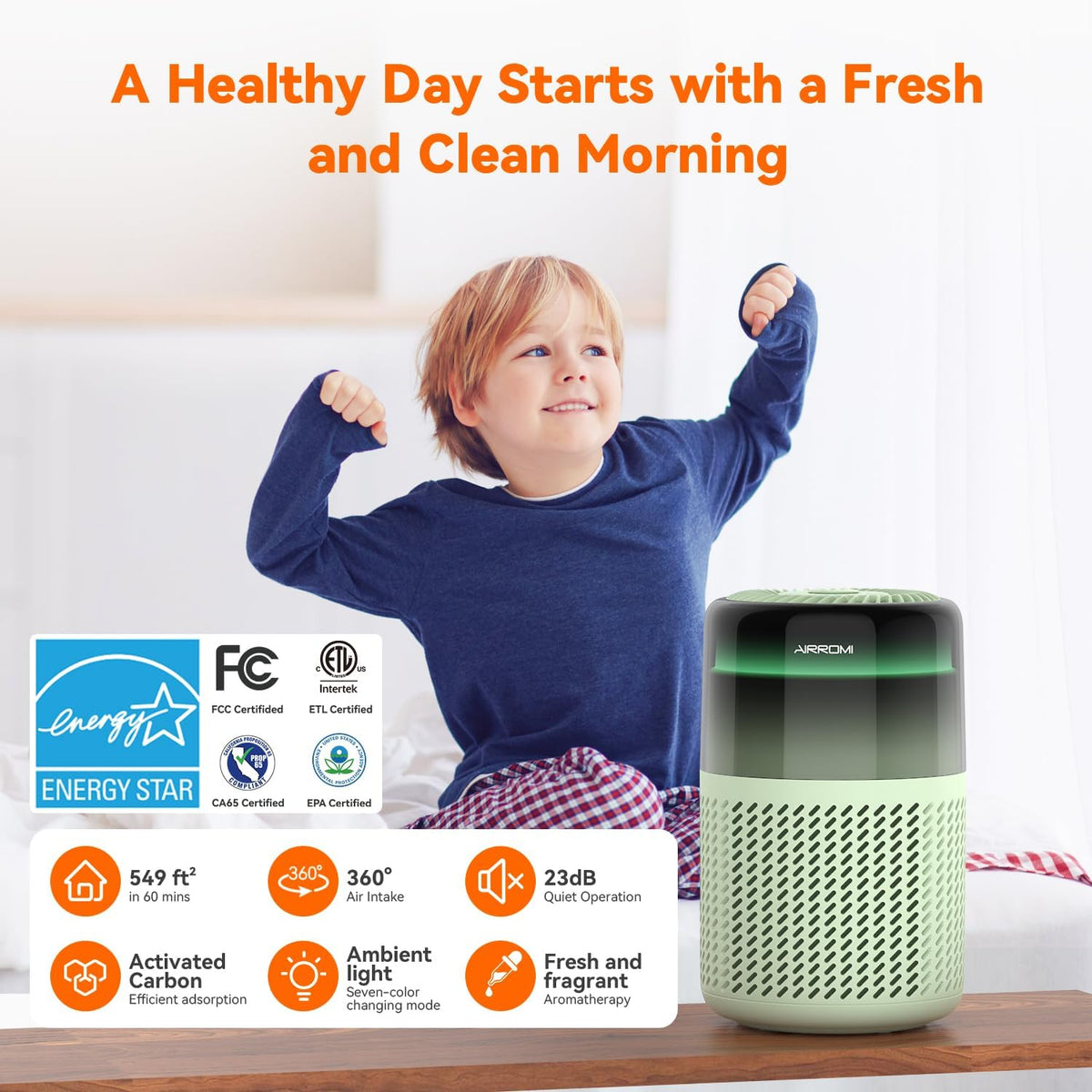 AIRROMI Air Purifier for Bedroom Home,HEPA Filter,Covers Upto 549 Ft²,Quiet 360°intake Air Cleaner