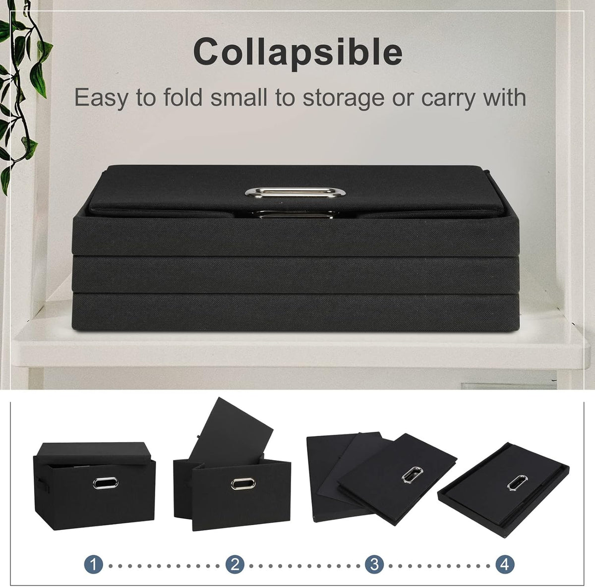 Medium 15" 21 Quart Collapsible Stackable Storage Bins with Lids, 1 Pack Black Foldable Fabric