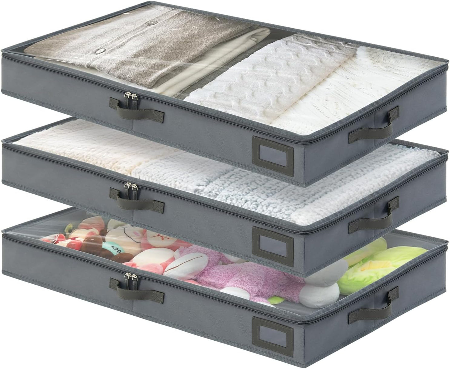 4-Inch Under Bed Storage Containers (3-Pack) | Sturdy Sidewalls | Clear Cover & Label Holder |
