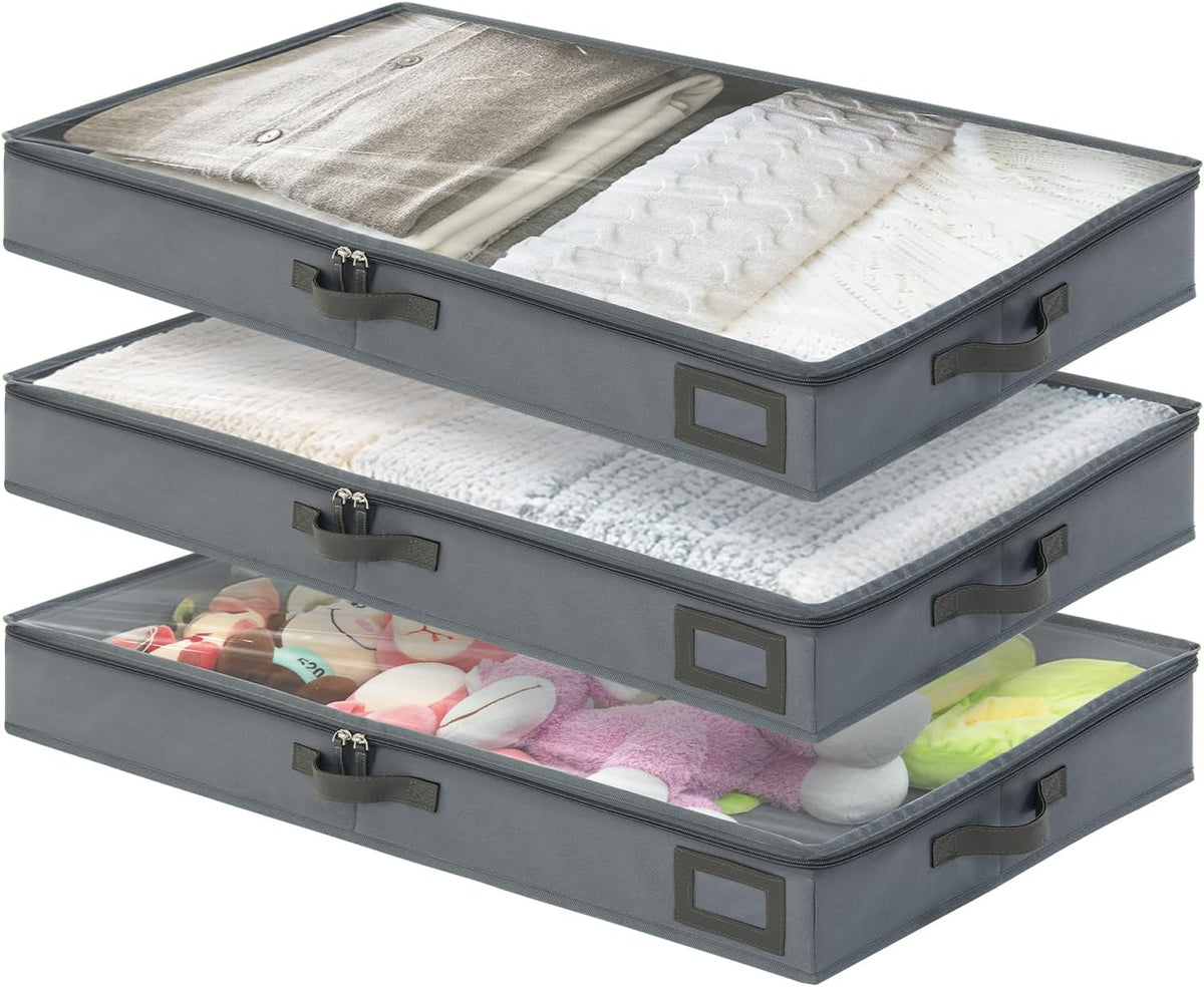 4-Inch Under Bed Storage Containers (3-Pack) | Sturdy Sidewalls | Clear Cover & Label Holder |