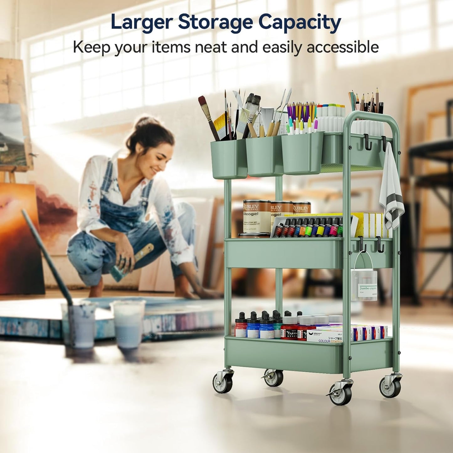 YASONIC 3-Tier Rolling Cart, Green, 66 Pounds Capacity, Mesh Storage Organizer with Lockable