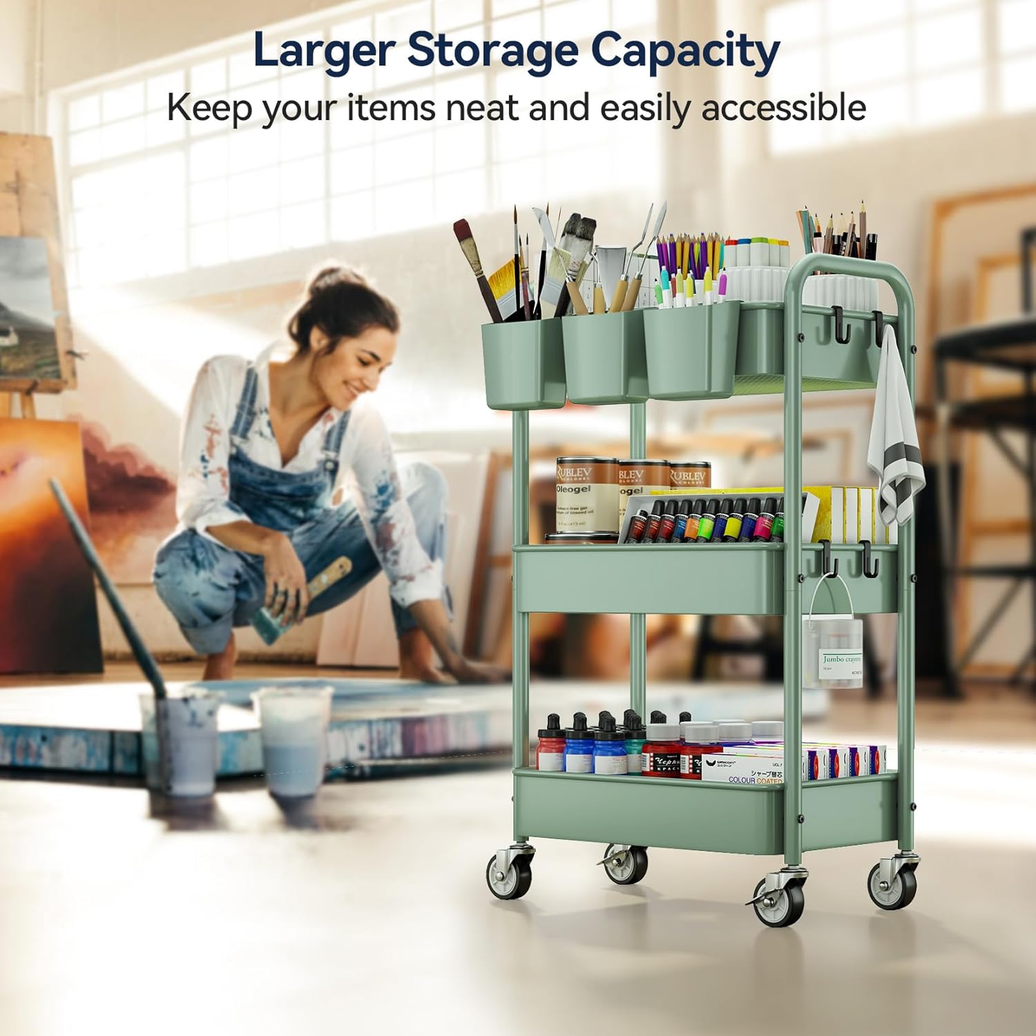 YASONIC 3-Tier Rolling Cart, Green, 66 Pounds Capacity, Mesh Storage Organizer with Lockable