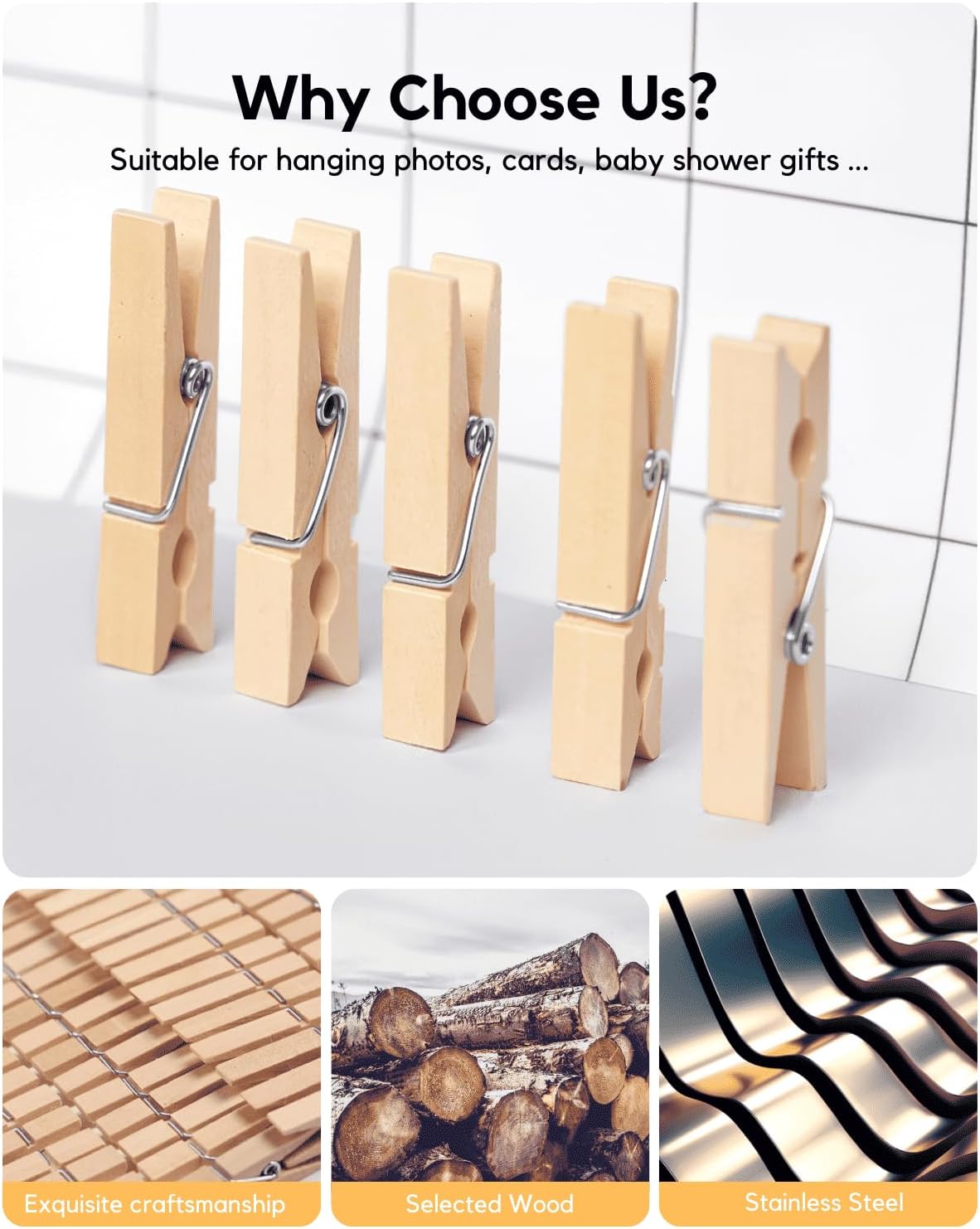 Clothes Pins Wooden Clothespins for Photo 1.77 Inch 50 PCS, Small Wood Clips Close Pin for