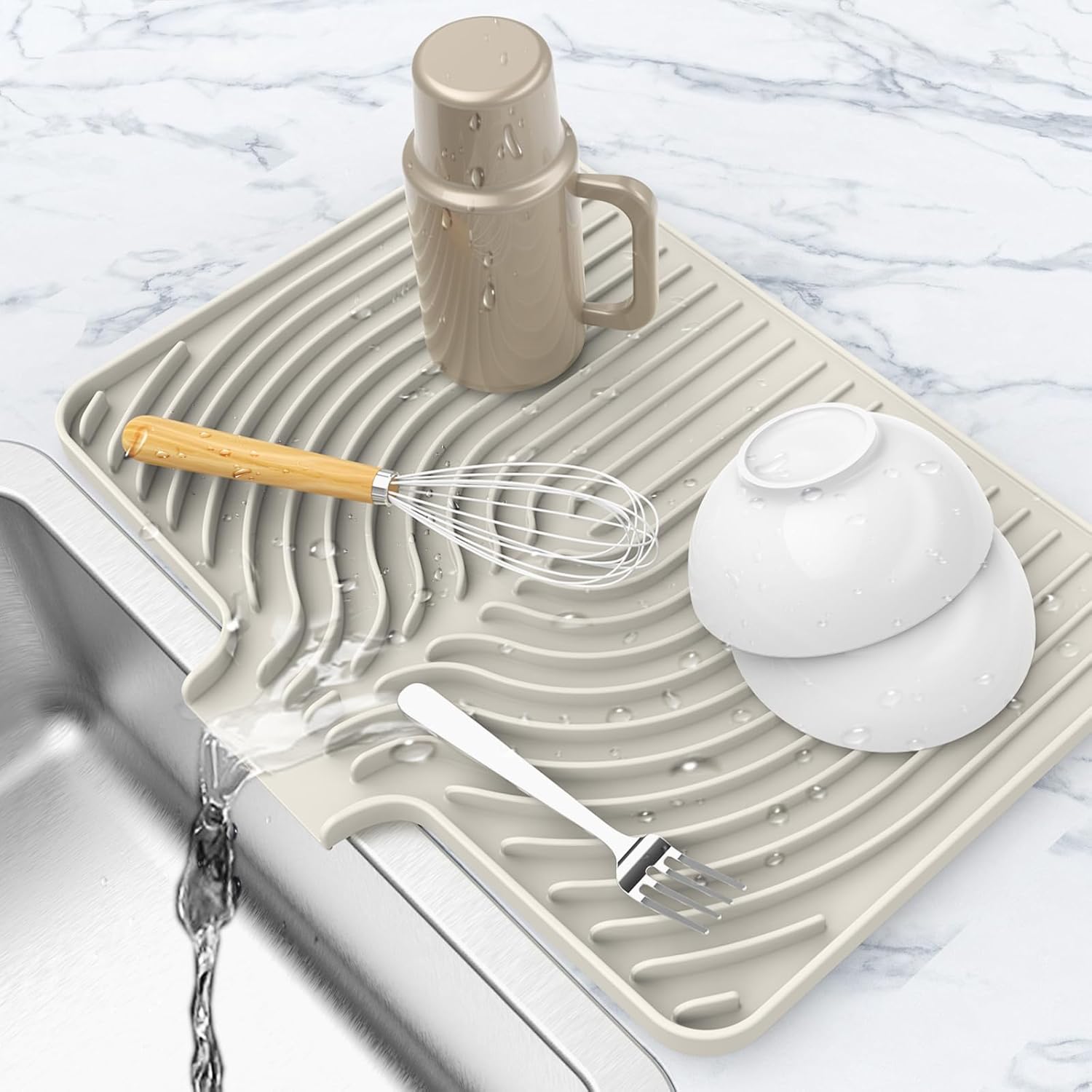 Dish Drying Matt for Kitchen Counter,18"×12"Silicone Dry Rack Mat with Built in Drain, Kitchen Dry