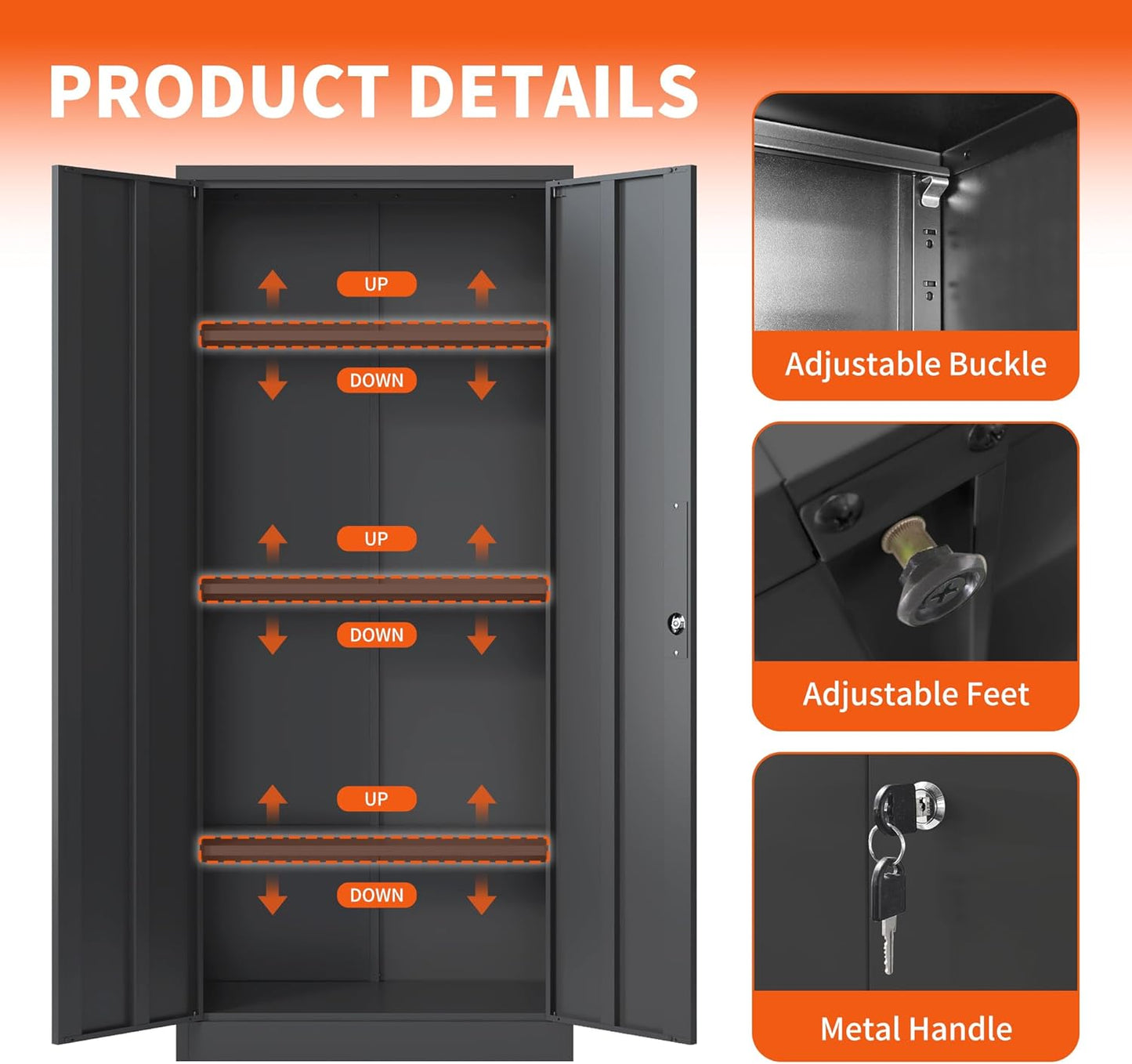 Metal Storage Cabinet with Adjustable Shelves, Garage Tool Cabinet with 2 Lockable Doors for