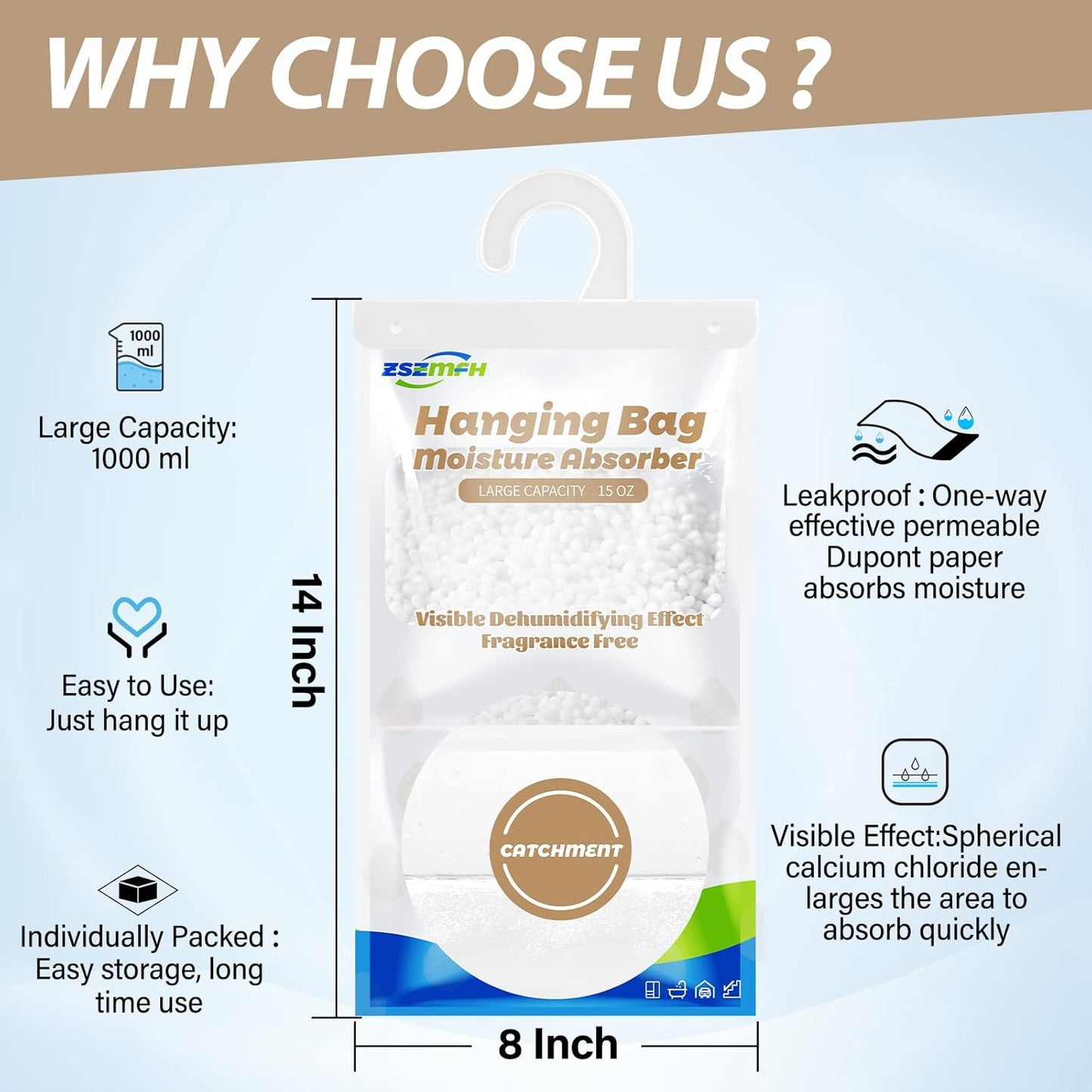 ZSZMFH 8 Pack Moisture Absorber Hanging Bags, Fragrance Free Humidity Packs, 15 OZ Dehumidifier