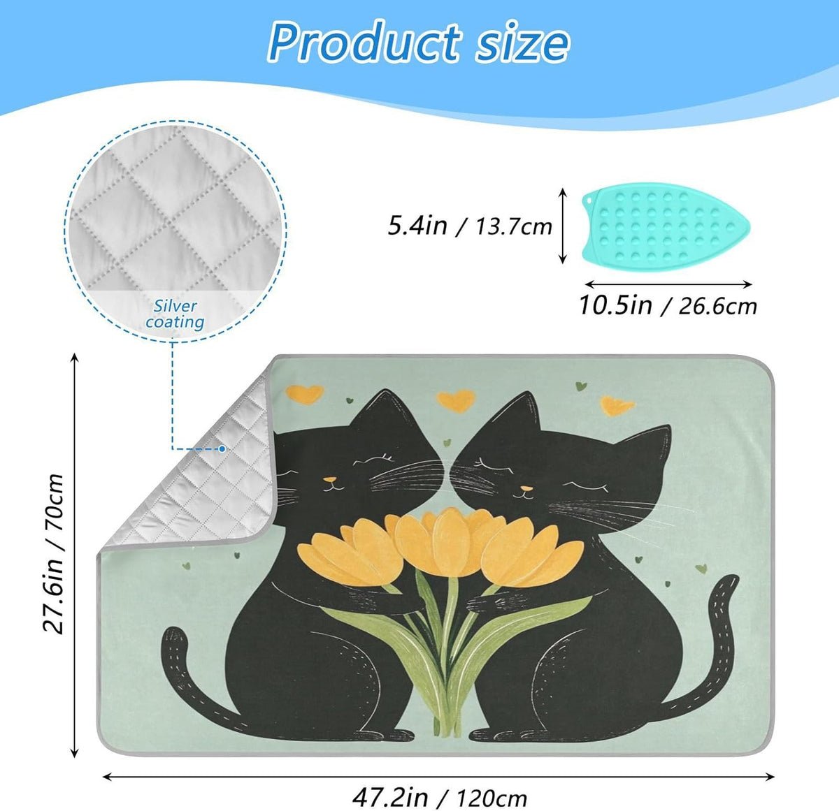 Black Cats Tulips Green Ironing Mat Thickened Ironing Blanket Travel Portable Double-Side Using