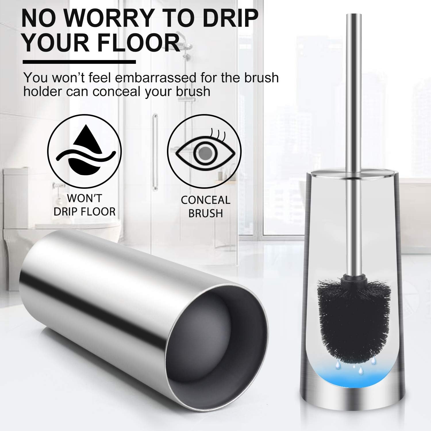 Toilet Brush and Holder, 2 Pack Toilet Brush with 304 Stainless Steel Long Handle, Toilet Bowl
