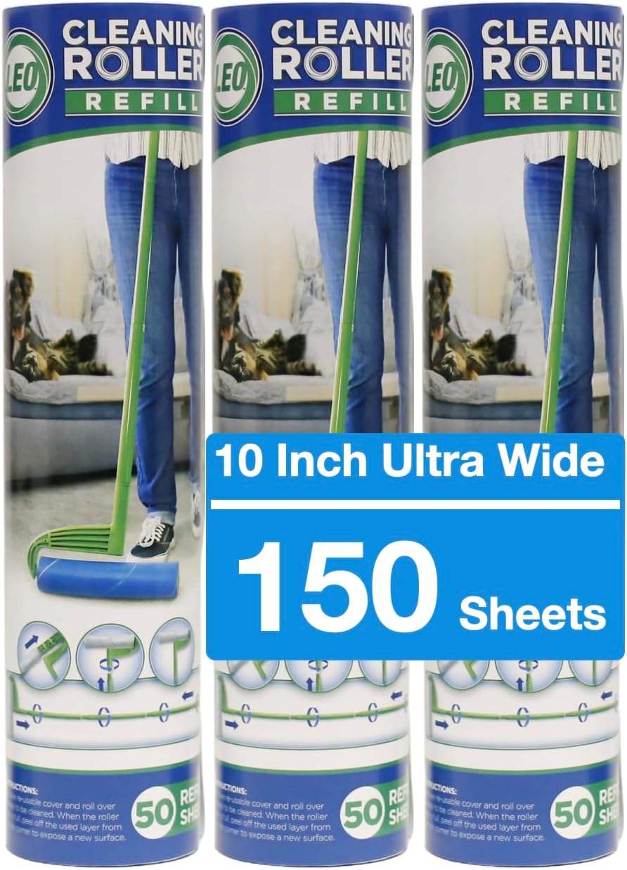 Leo 10-Inch Wide Lint Roller Refills, 3 Rolls with 50 Sheets Each (150 Sheets Total), Extra Sticky
