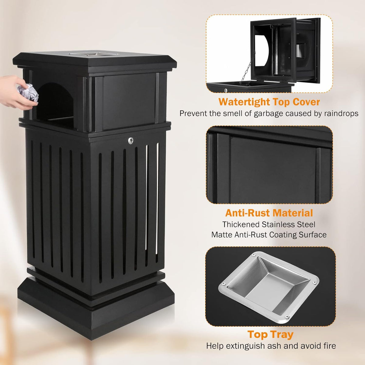 BEAMNOVA Trash Can Outdoor Top Tray Matte Black Stainless Steel Commercial Garbage Enclosure with