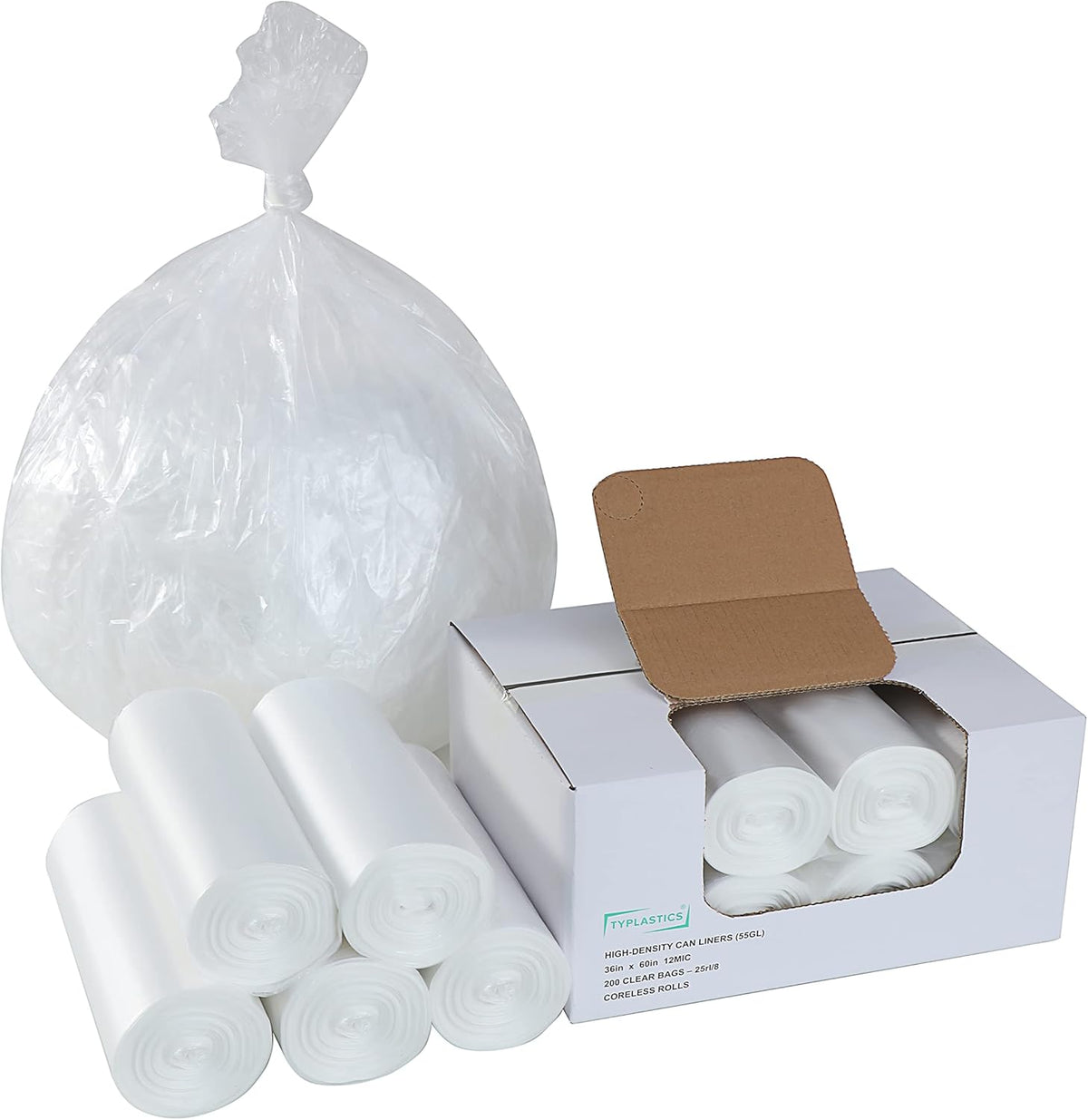 TYPLASTICS 55 Gallon Clear Trash Can Liners - 36" x 60" - High Density Garbage Bags - Case of 200