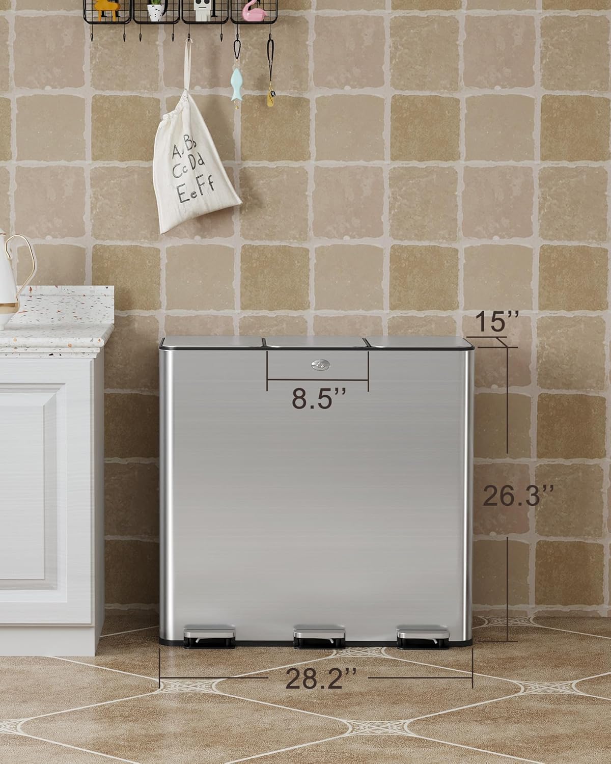90L/3 x 7.9 Gal Trash Can,Three-Compartment Pedal Stainless Steel Kitchen Recycling Trash Can with