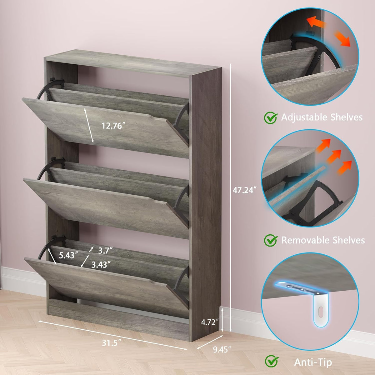 Shoe Cabinet with 3 Flip Drawers, Hidden Wood Shoe Cabinet,Freestanding Shoe Storage Cabinet for