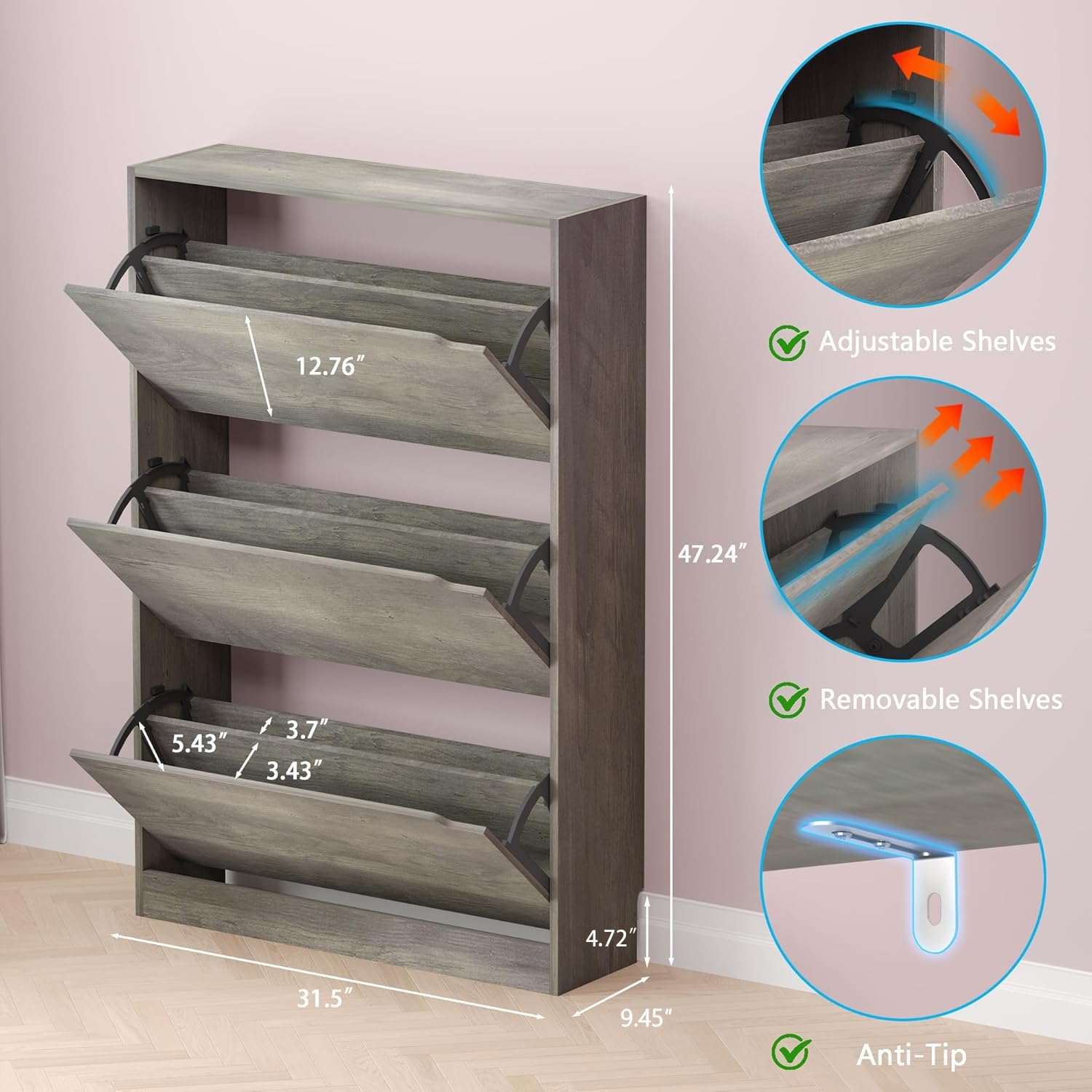 Shoe Cabinet with 3 Flip Drawers, Hidden Wood Shoe Cabinet,Freestanding Shoe Storage Cabinet for