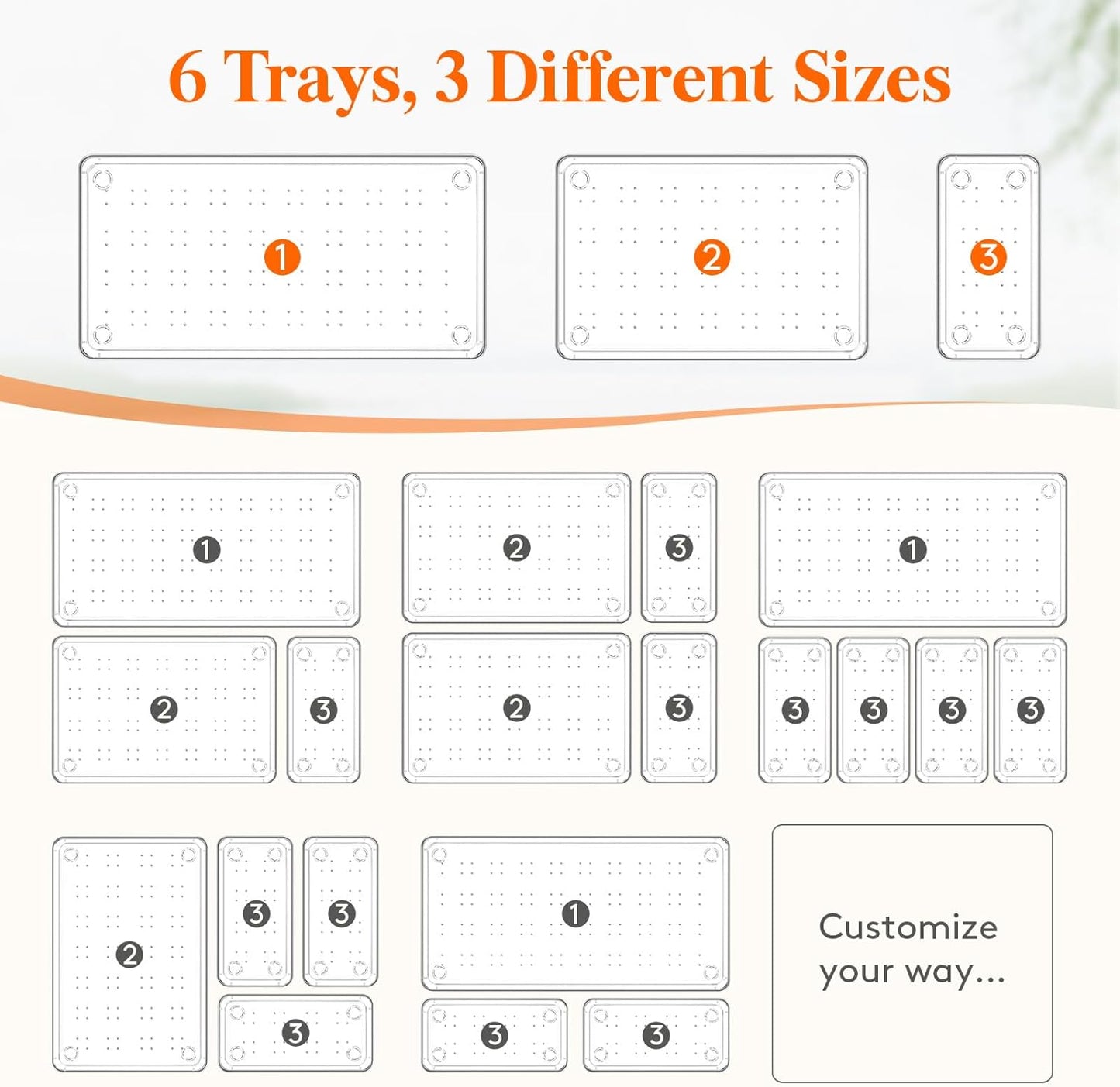 Lifewit 6 Pcs Large Bathroom Drawer Organizers, 3 Sizes Clear Plastic Storage Organizer Trays for