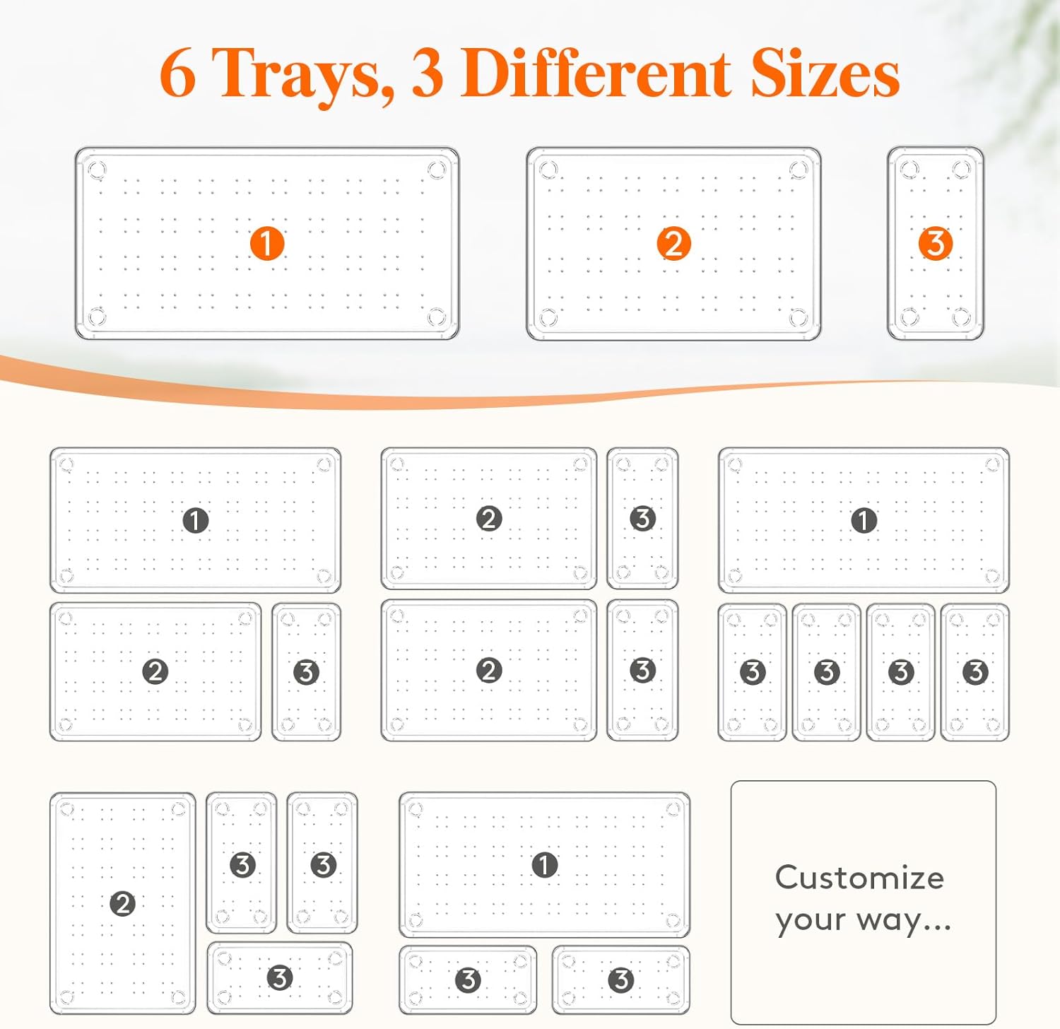 Lifewit 6 Pcs Large Bathroom Drawer Organizers, 3 Sizes Clear Plastic Storage Organizer Trays for