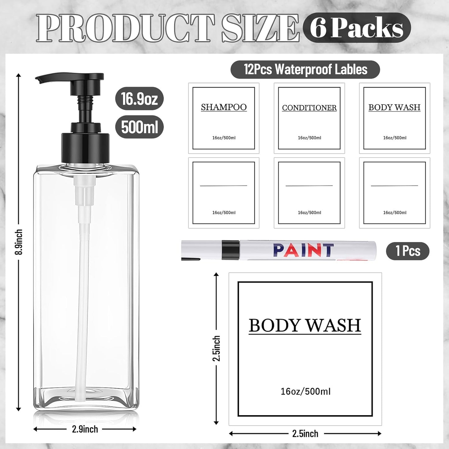 Tanlade 6 Pcs Shampoo and Conditioner Dispenser Bottles 16oz Modern Shower Soap Bottles with Pump
