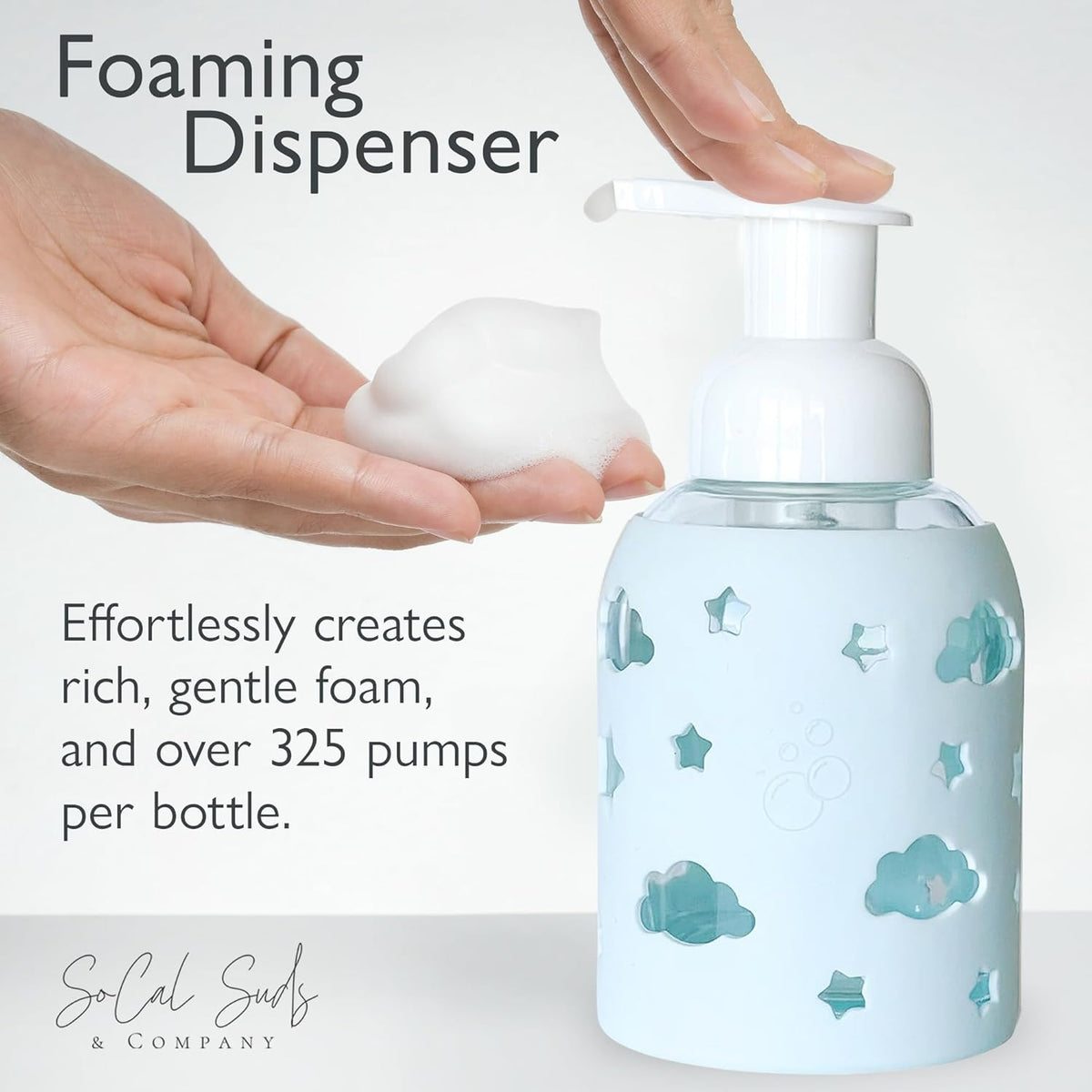 SoCal Suds & Company Glass Foaming Hand Soap Dispenser, Soft Grip Silicone Sleeve, Refillable Pump