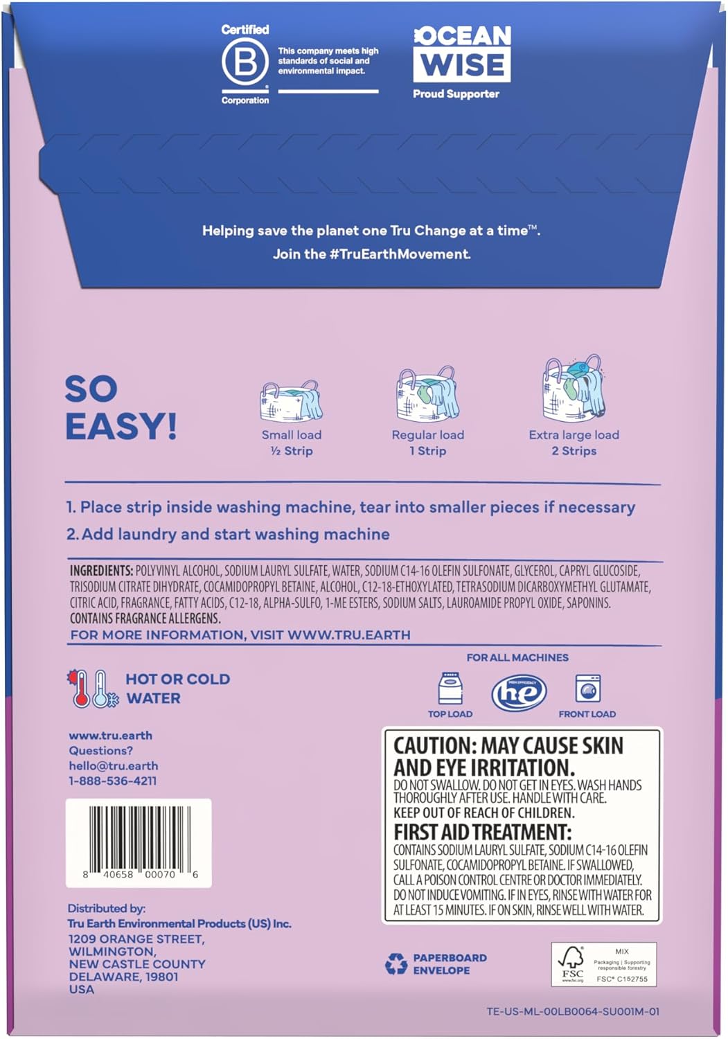 Tru Earth Compact Dry Laundry Detergent - Up to 128 Loads (64 Sheets) - Paraben-Free - Original
