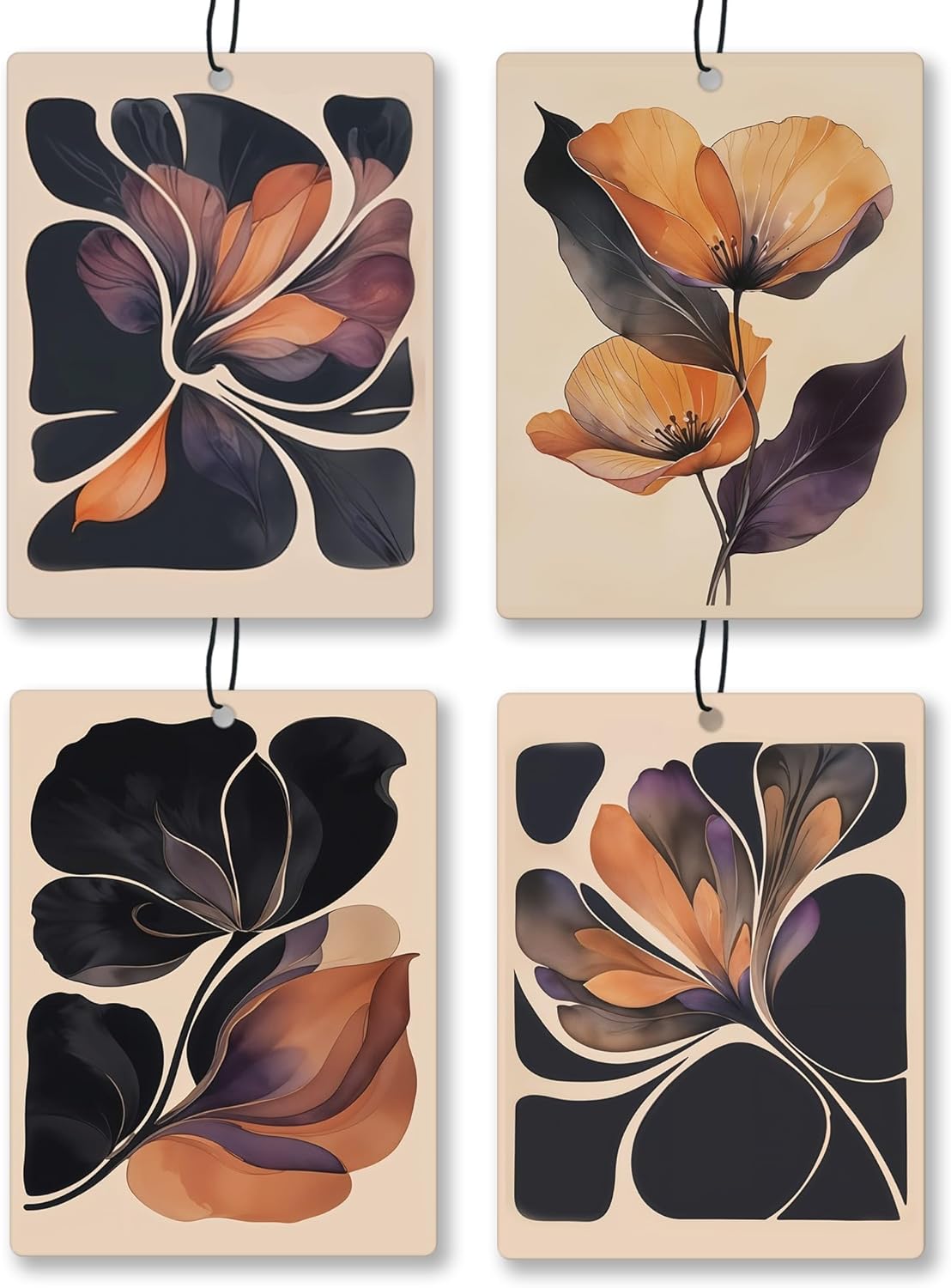 Boho Abstract Floral Car Air Freshener 4 Pcs, Retro Orange and Black Flower Hanging Scents Air