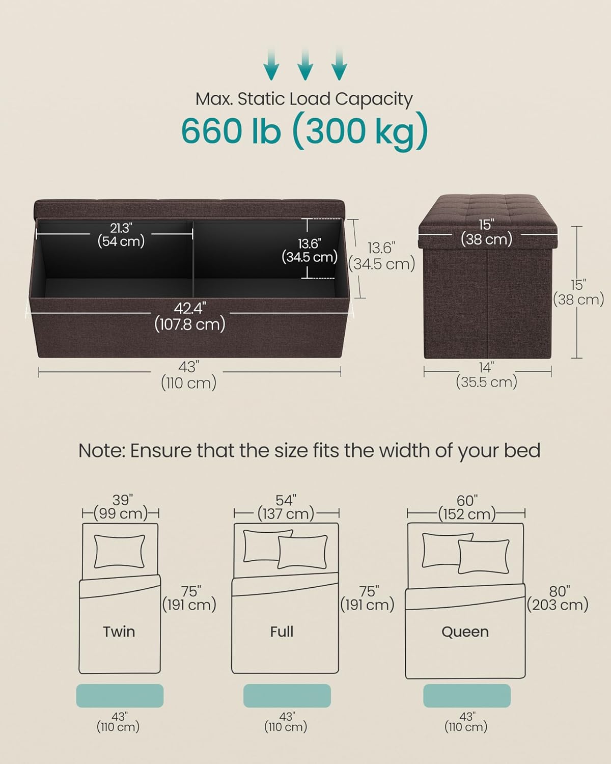 SONGMICS MAZIE Collection - 43 Inches Folding Storage Ottoman Bench, Ottoman Foot Rest, End of Bed