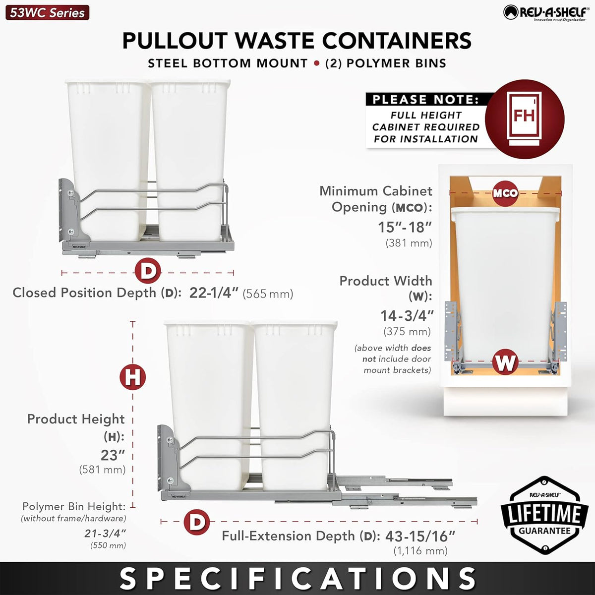 Rev-A-Shelf Double Pullout Trash for Full Height Kitchen Cabinets 50 Quart 12.5 Gallon with