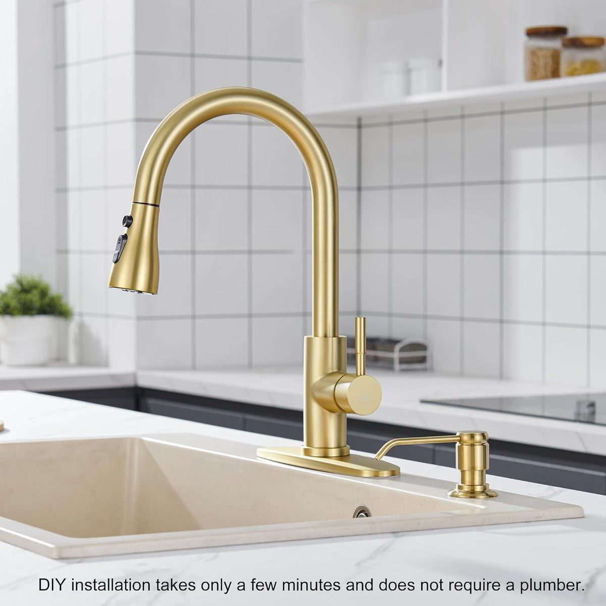 Gagal Kitchen Sink Soap Dispenser (Brushed Gold) and Extension Tube Kit for Kitchen Sink, Complete