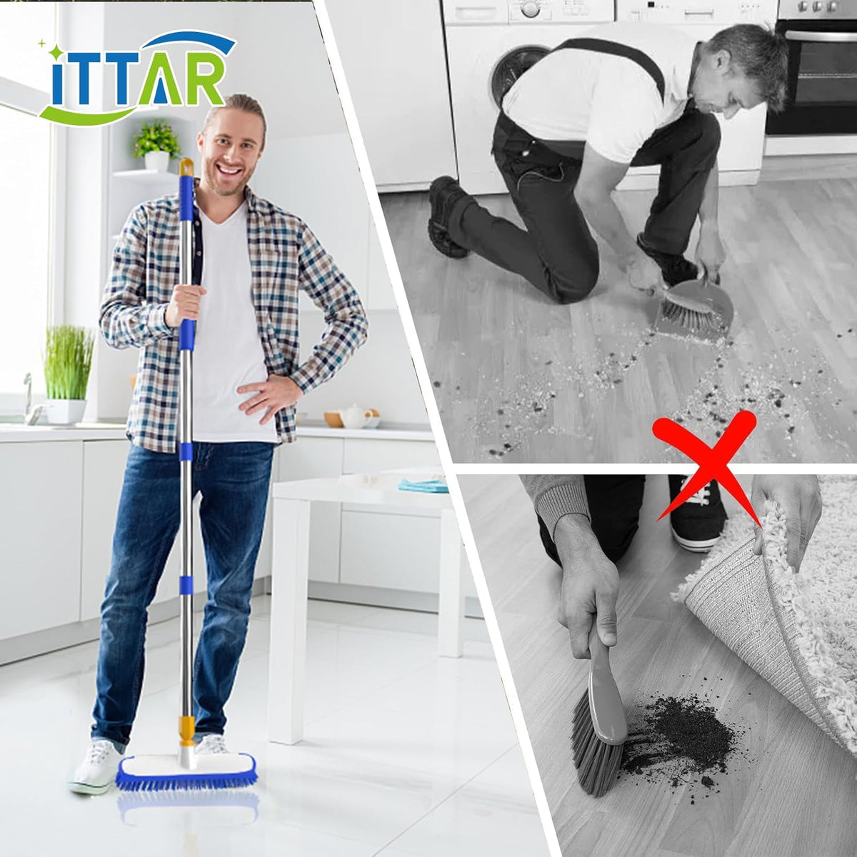 ITTAR 12" Wide Floor Scrub Brush with Long Handle, 2-in-1 Deck Cleaning Brush with 55" Extendable