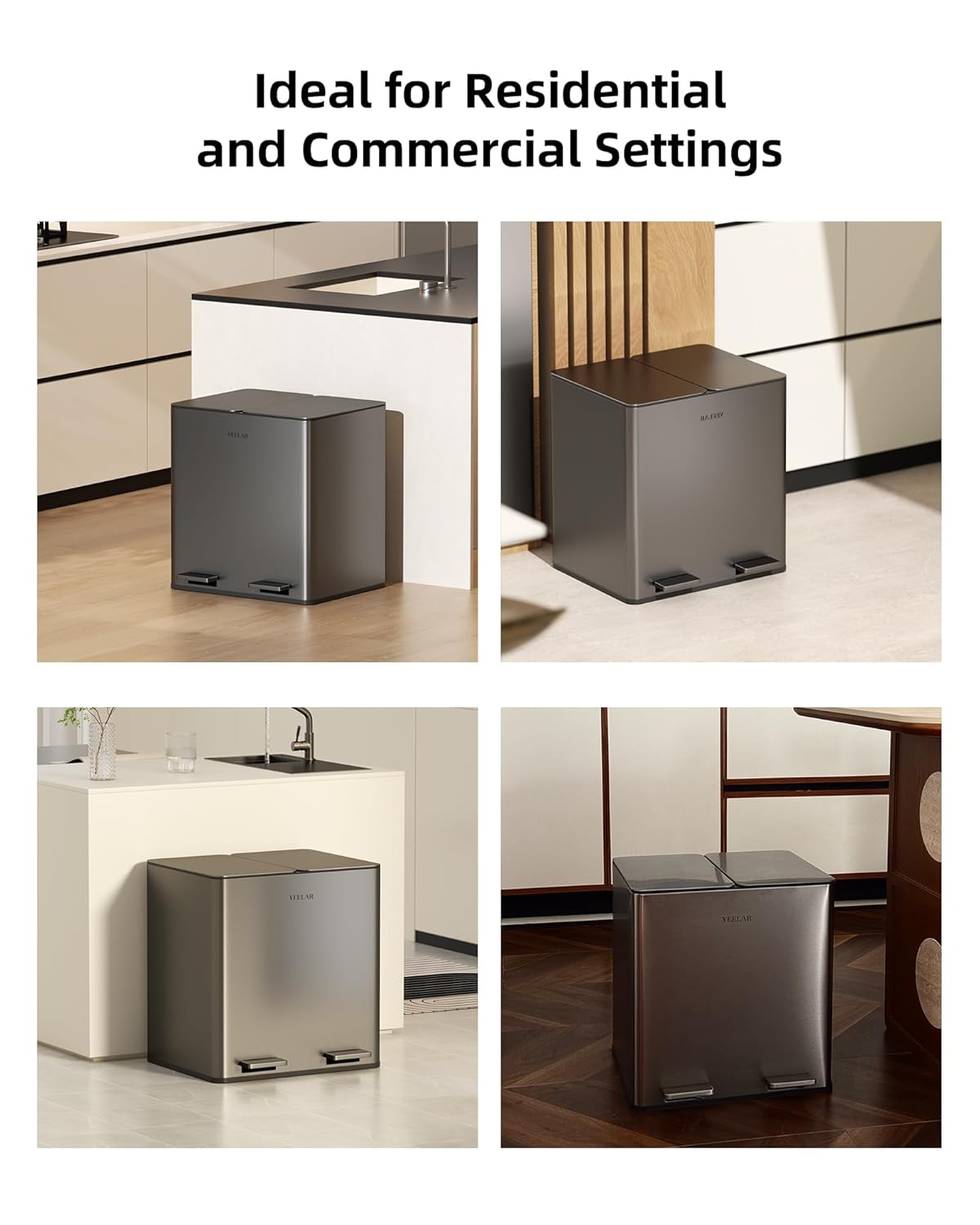 Kitchen Dual Trash Can - Double Touchless Garbage Bins 2 x 4 Gallon (2 x 15 L) with Lid, Stainless
