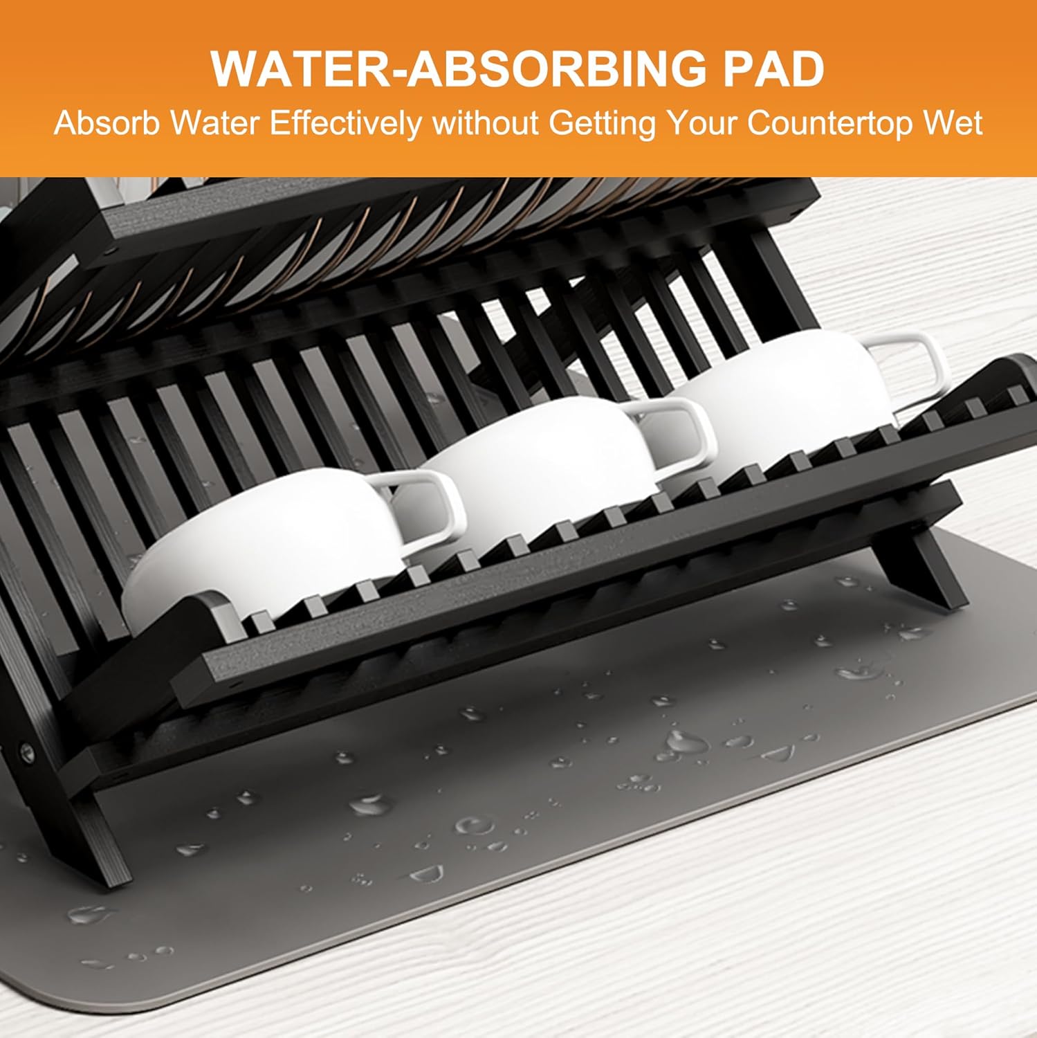 Greenual Black Bamboo Dish Drying Rack with Utensil Holder, 3 Tier Collapsible Dish Rack, Wooden