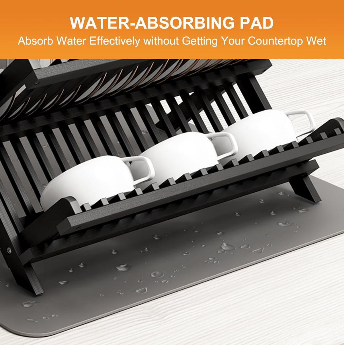 Greenual Black Bamboo Dish Drying Rack with Utensil Holder, 2 Tier Collapsible Dish Rack, Wooden