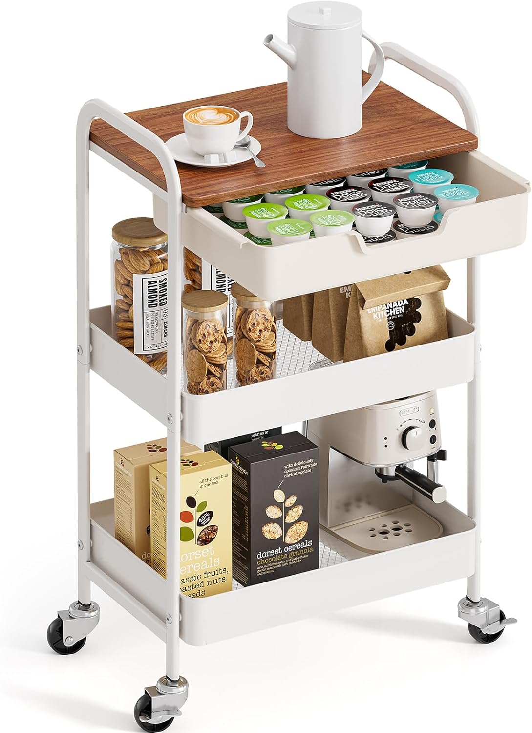 TOOLF 3-Tier Metal Utility Rolling Cart with Drawer & Wooden Table Top, Storage Cart White Trolley