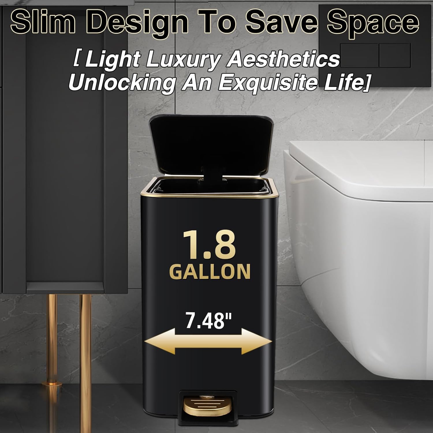 Small Bathroom Trash Can with Lid Soft Close, 1.8 Gallon Stainless Steel Garbage Can with Removable