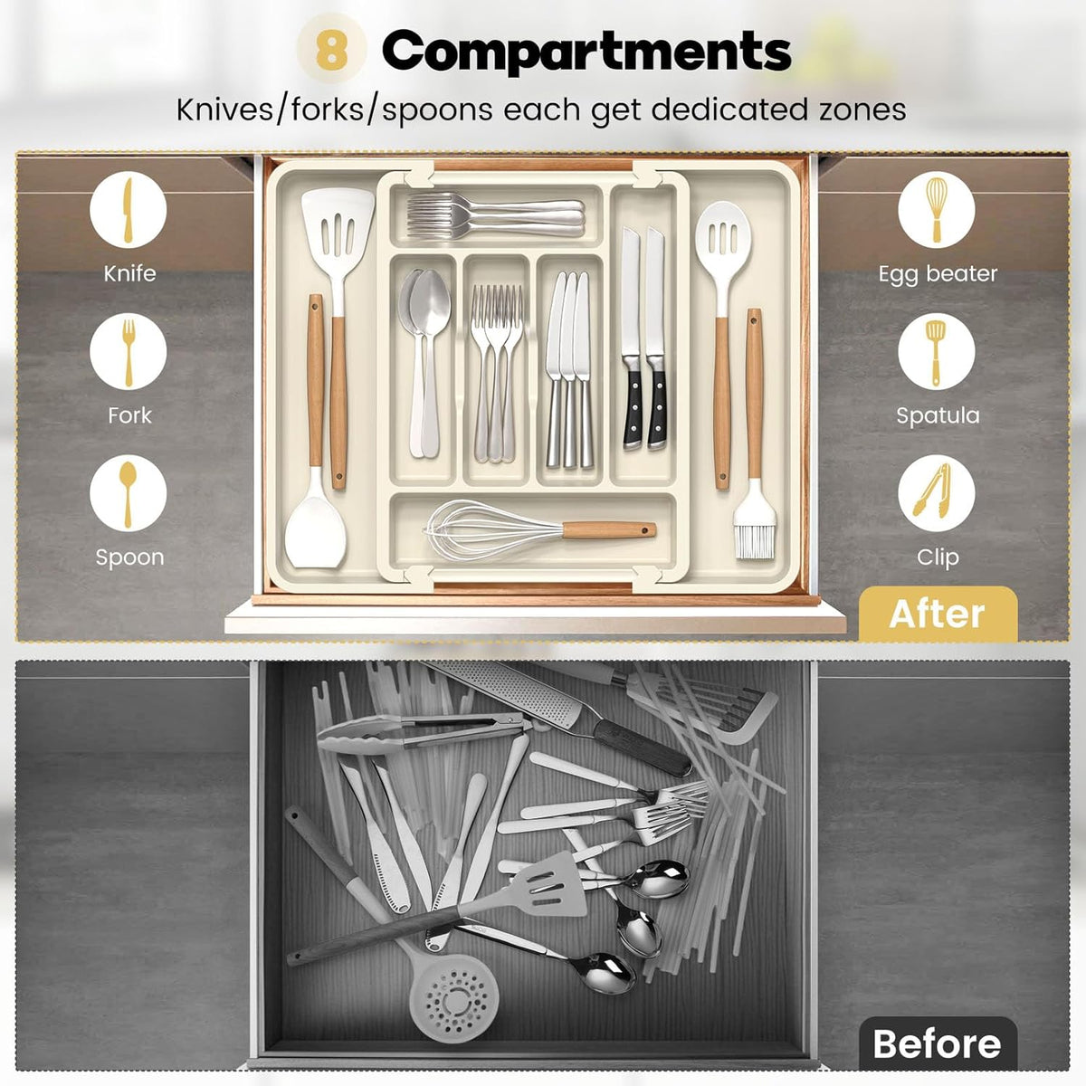 Caperci Large Silverware Organizer for Kitchen Drawer & Utensils - Expandable Drawer Organizer for